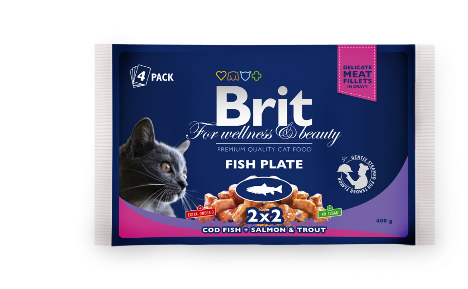 BRIT Premium Multipack Fish Plate, 2 arome, pachet mixt, plic hrană umedă pisici, (în sos), 100g x 4