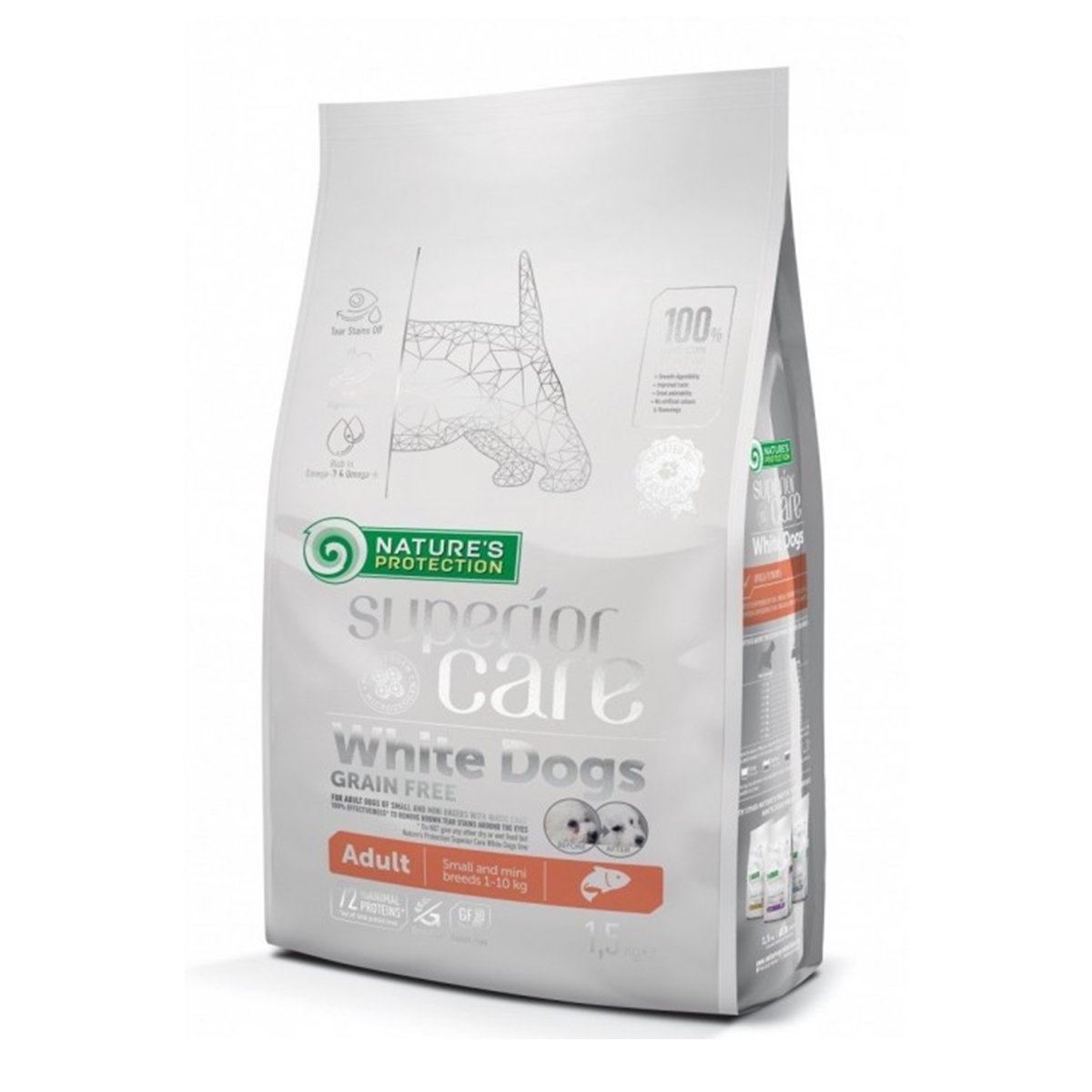 NATURES PROTECTION Superior Care White Dogs Small&Mini, Somon, hrană uscată fără cereale câini, reducerea petelor maronii la câinii albi, 1.5kg - 2 | YEO