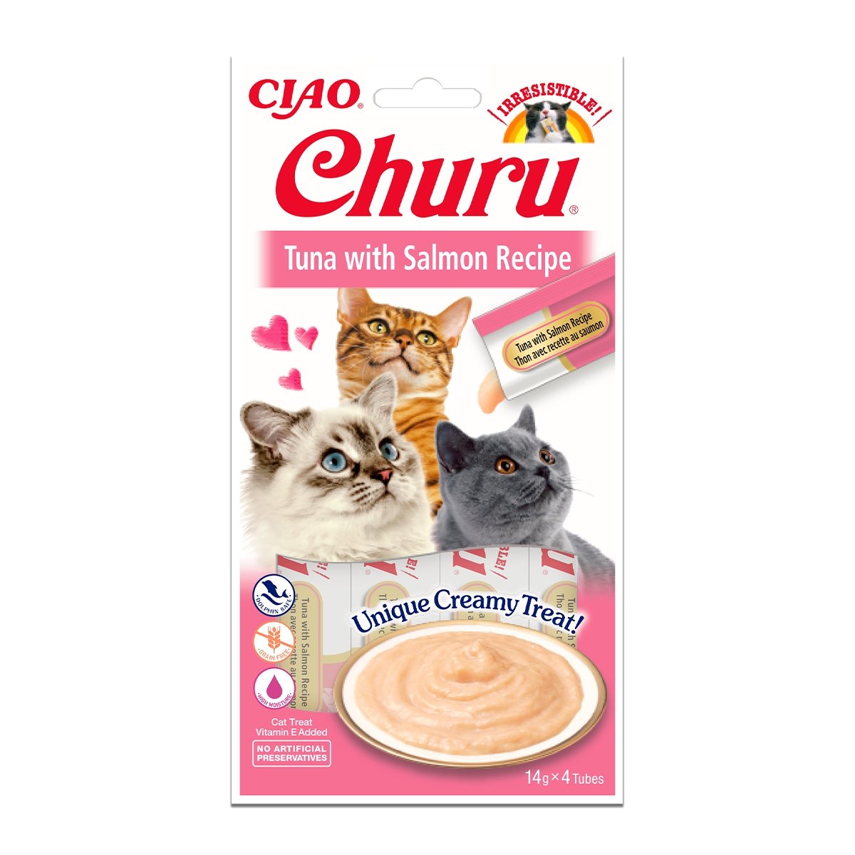 INABA CIAO Churu Piure, Ton și Somon, recompense lichide fără cereale pisici, topping cremos, 14g x 4 - 1 | YEO