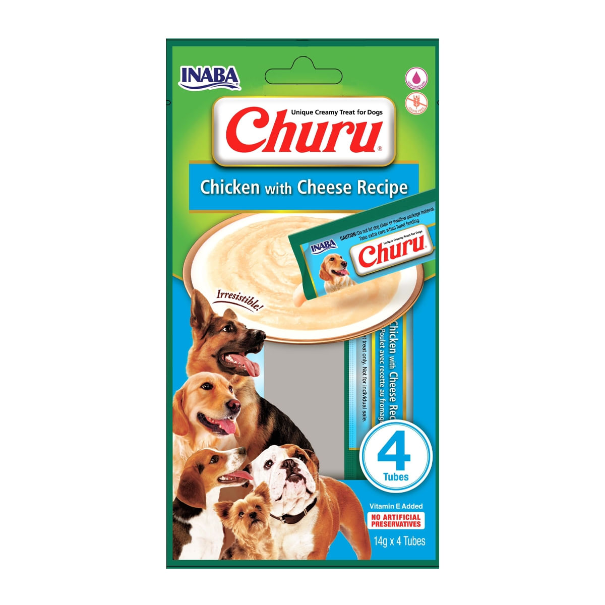 INABA Churu Dog, Pui cu Brânză, recompense lichide fără cereale câini, topping cremos, 14g x 4 - 1 | YEO