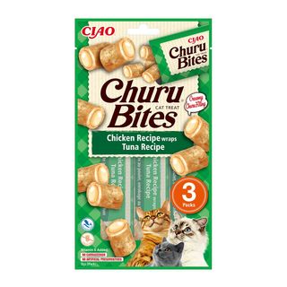 INABA CIAO Churu Bites, Pui și Ton, recompense fără cereale pisici, pernute umplute, 10g x 3