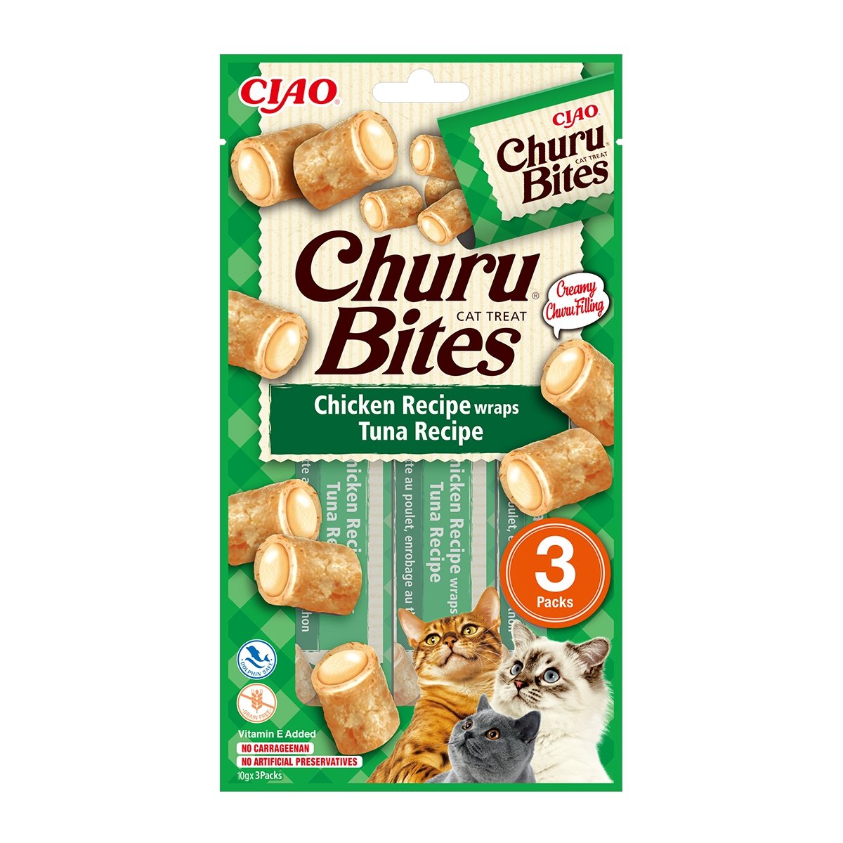 INABA CIAO Churu Bites, Pui și Ton, recompense fără cereale pisici, pernute umplute, 10g x 3 - 2 | YEO