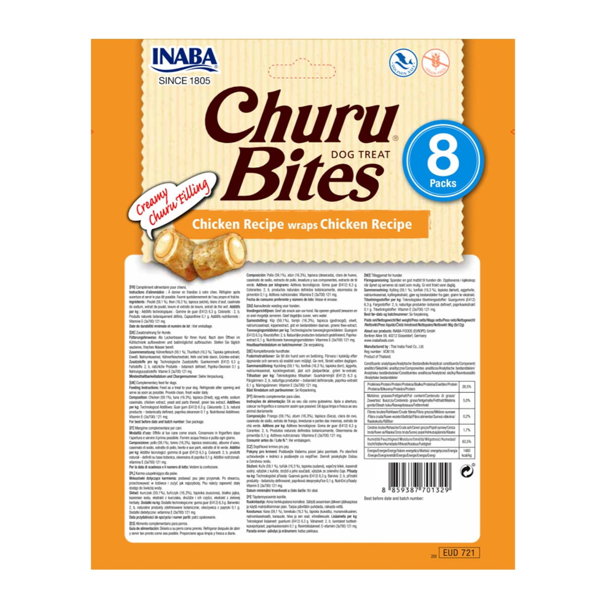 INABA Churu Bites, Pui, recompense fără cereale câini, pernute umplute, 12g x 8 - 1 | YEO