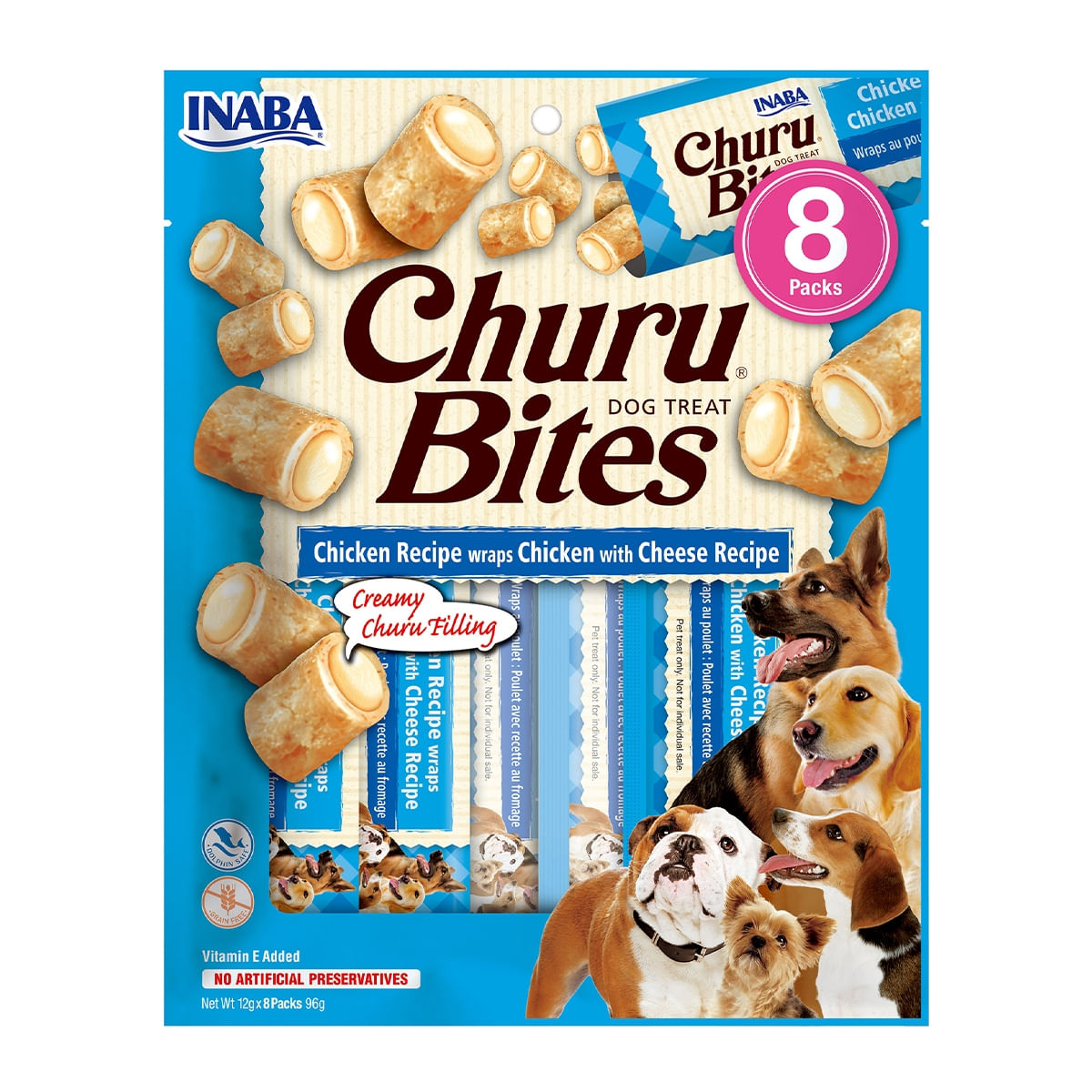 INABA Churu Bites, Pui cu Brânză, recompense fără cereale câini, pernute umplute, 12g x 8