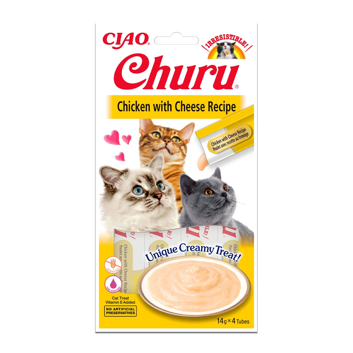 INABA CIAO Churu Piure, Pui cu Brânză, recompense lichide fără cereale pisici, topping cremos, 14g x 4 - 4 | YEO