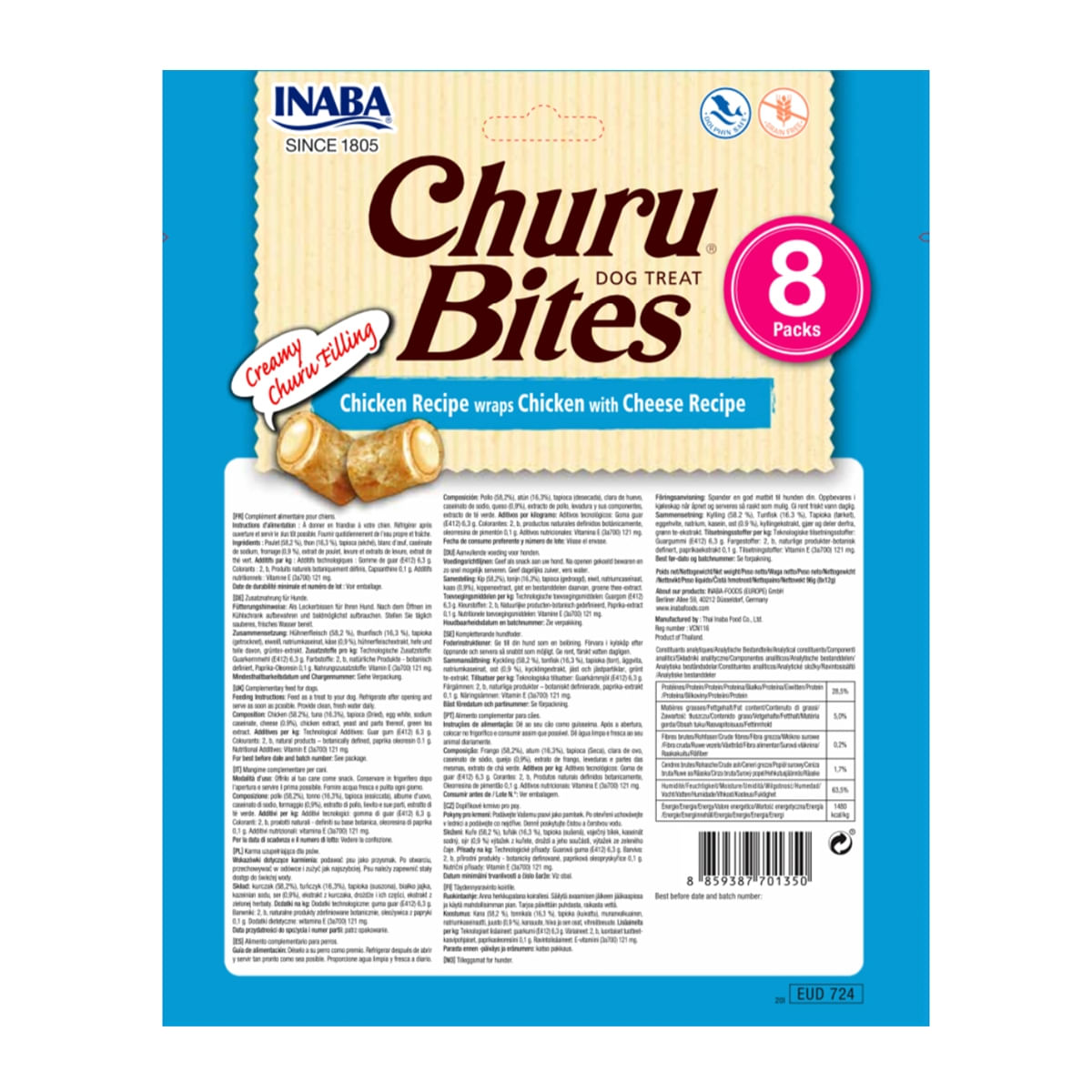 INABA Churu Bites, Pui cu Brânză, recompense fără cereale câini, pernute umplute, 12g x 8