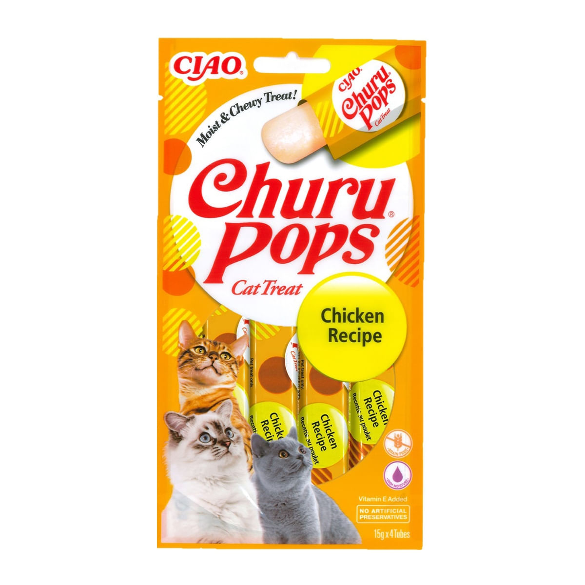 INABA CIAO Churu Pops, Pui, recompense lichide fără cereale pisici, topping pate, 15g x 4