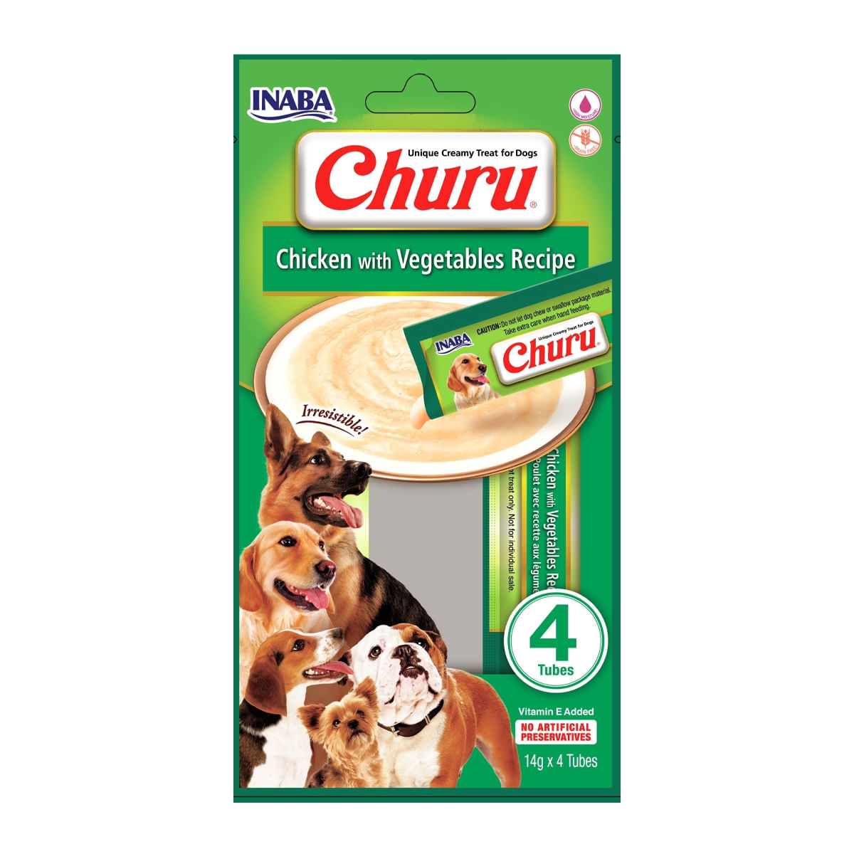 INABA Churu Dog, Pui cu Legume, recompense lichide monoproteice fără cereale câini, topping cremos, 14g x 4