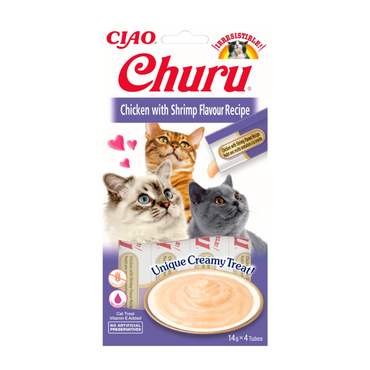 INABA CIAO Churu Piure, Pui și Creveti, recompense lichide lichide fara cereale Pisici, topping cremos, 14g x 4 - 1 | YEO