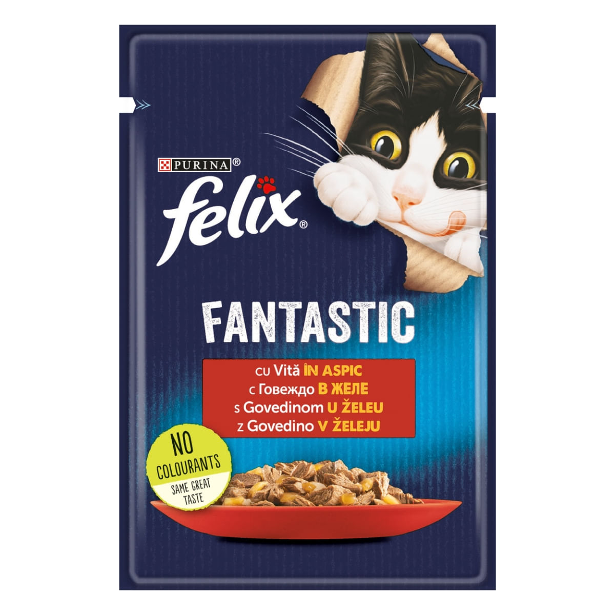 PURINA Felix Fantastic, Vită, hrană umedă pisici, (în aspic) PURINA Felix Fantastic, Vită, plic hrană umedă pisici, (în aspic), 85g