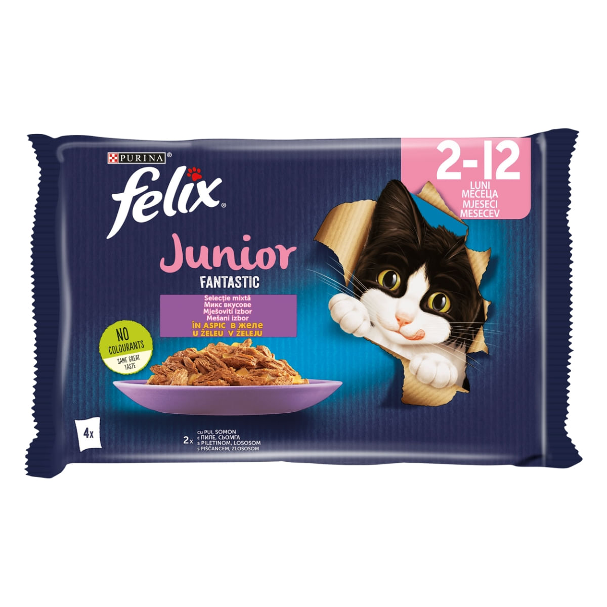 PURINA Felix Fantastic Junior, Pui, pachet mixt, plic hrană umedă pisici junior, (în aspic), 85g x 4 - 1 | YEO