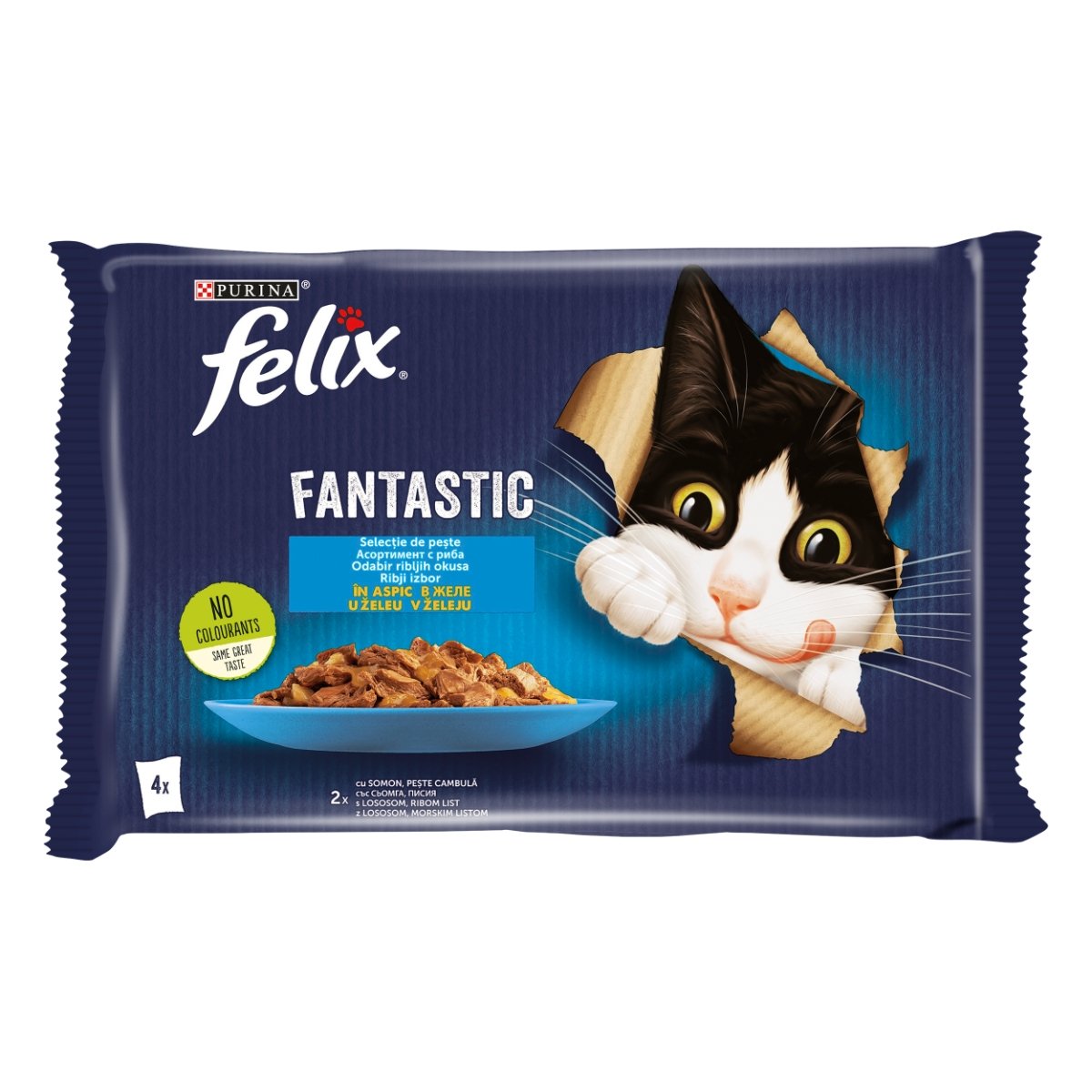 PURINA Felix Fantastic, 2 arome (Somon și Peste Cambula), pachet mixt, plic hrană umedă pisici, (în aspic), 85g x 4 - 1 | YEO