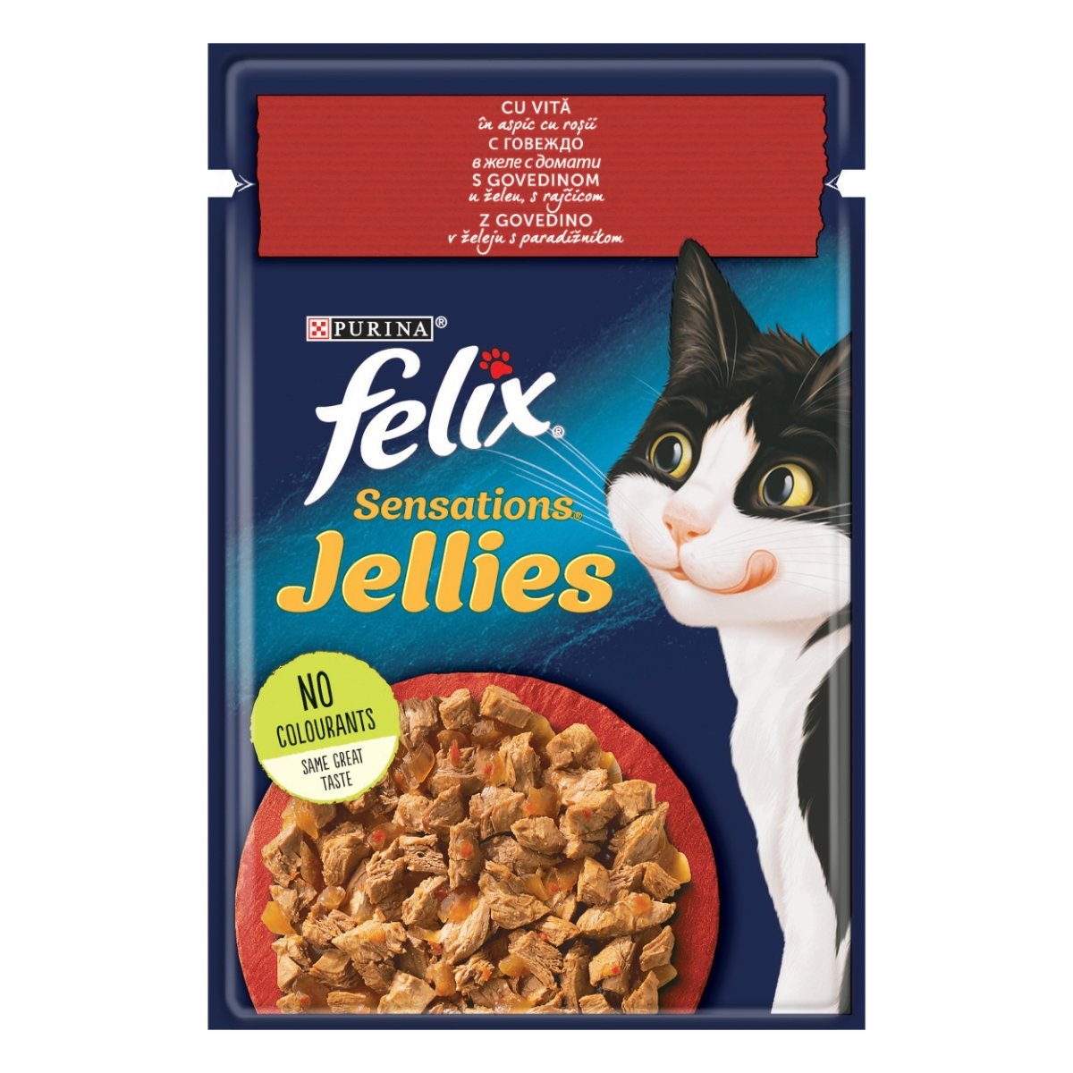 PURINA Felix Sensations, Vită cu Roșii, hrană umedă pisici, (în aspic) PURINA Felix Sensations, Vită cu Roșii, plic hrană umedă pisici, (în aspic), 85g - 1 | YEO