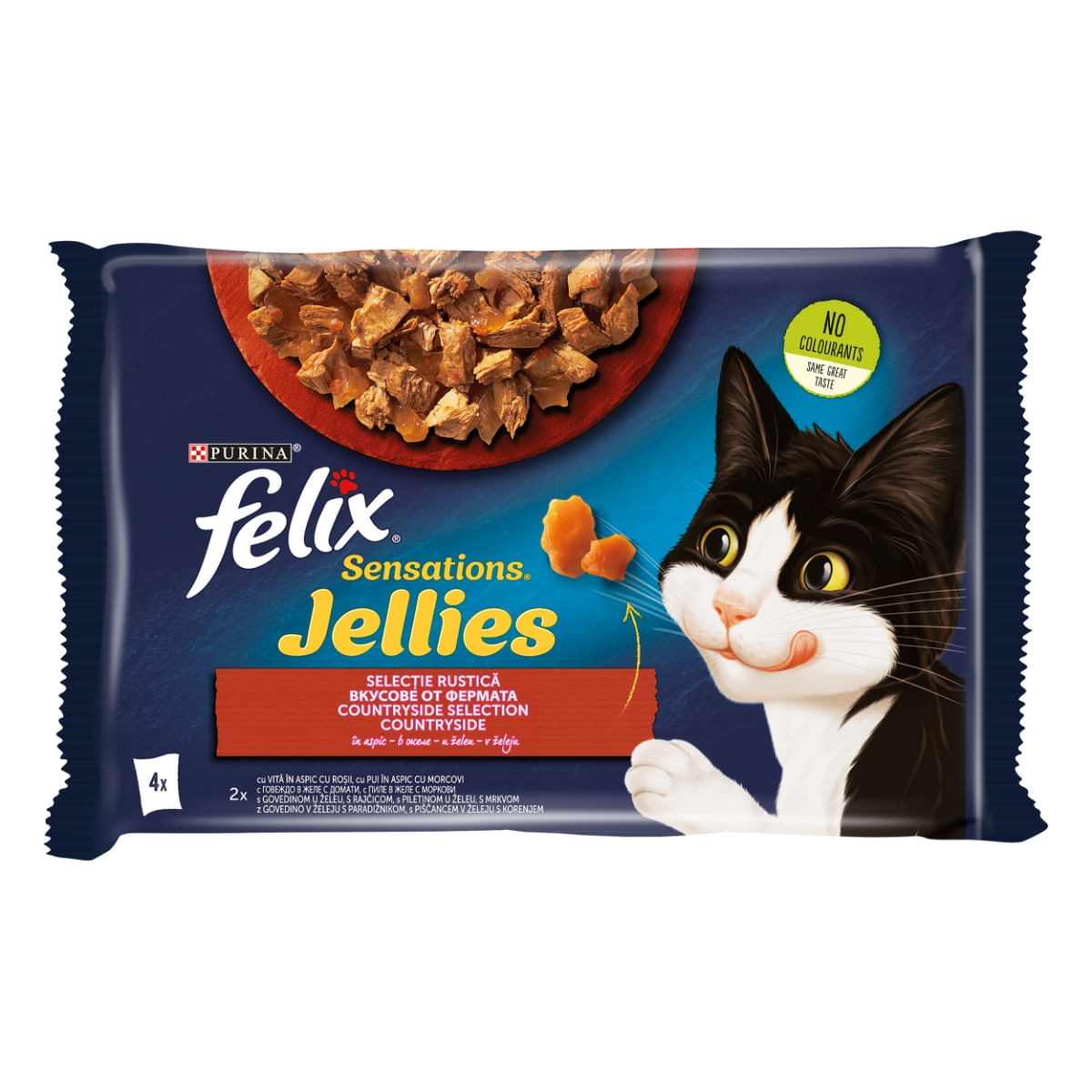 PURINA Felix Sensations, 2 arome (Vită și Pui), pachet mixt, plic hrană umedă pisici, (în aspic), 85g x 4 - 1 | YEO