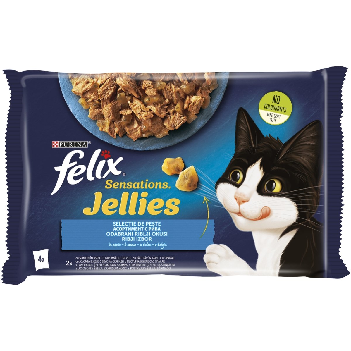 PURINA Felix Sensations, 2 arome (Somon și Pastrav), pachet mixt, plic hrană umedă pisici, (în aspic), 85g x 4 - 1 | YEO