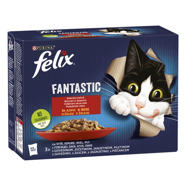 FELIX Fantastic Selecție cu Vită, Pui, Iepure și Miel, plic hrană umedă pisici, (în aspic), multipack, 85g x 12buc