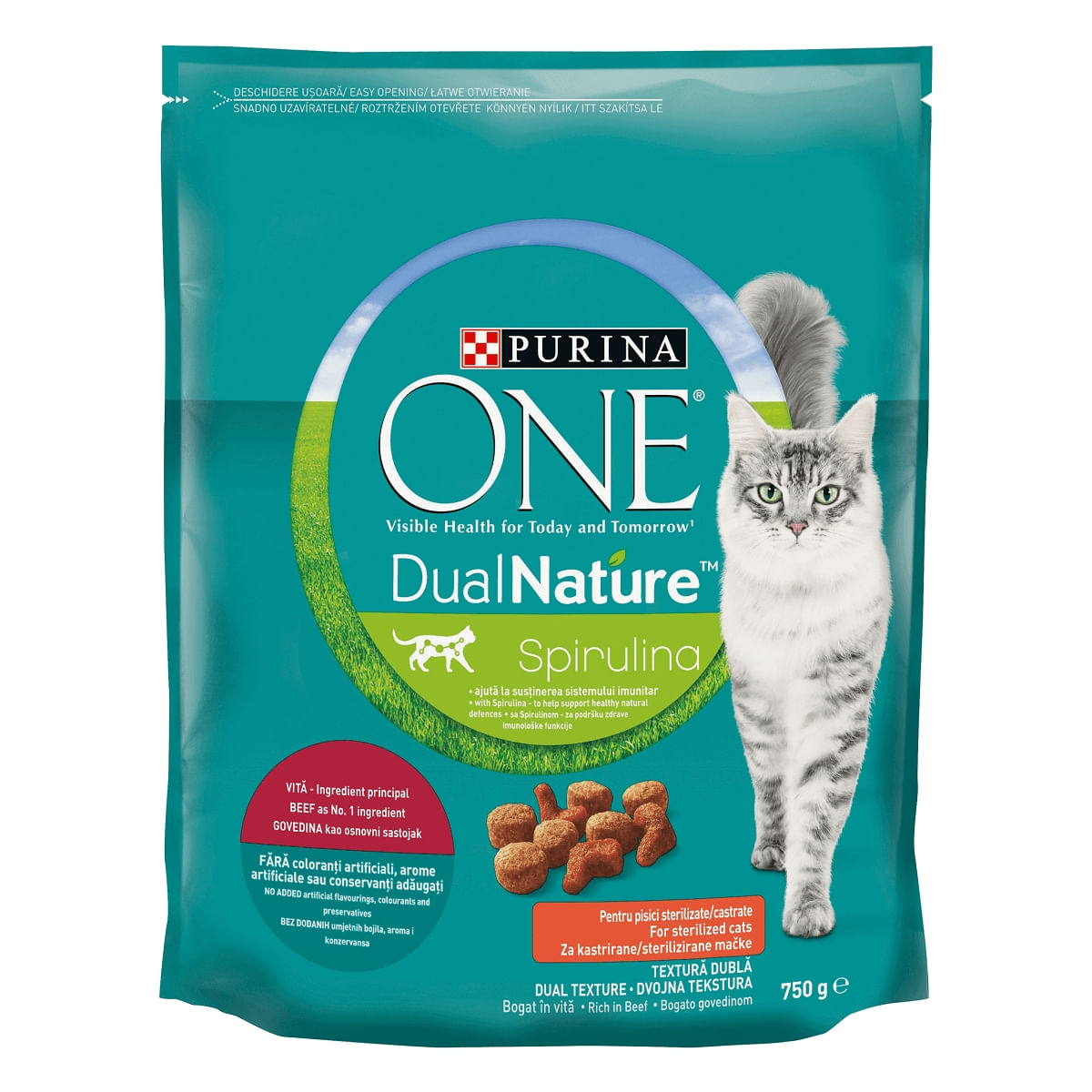 PURINA One DualNature, Vită, hrană uscată pisici sterilizate, 750g