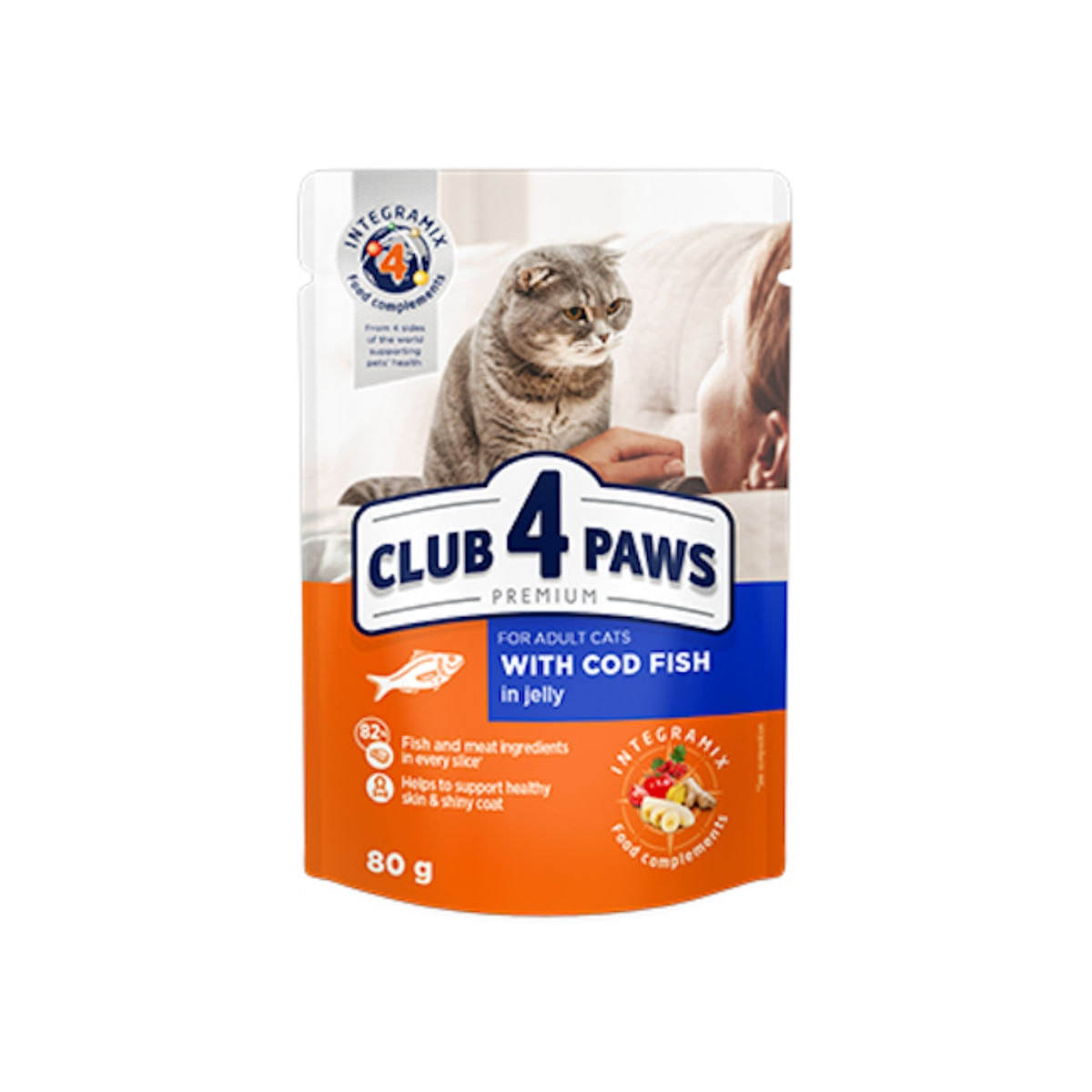 CLUB 4 PAWS Premium, Cod, hrană umedă pisici, (în aspic) CLUB 4 PAWS Premium, Cod, plic hrană umedă pisici, (în aspic), bax, 80g x 24buc