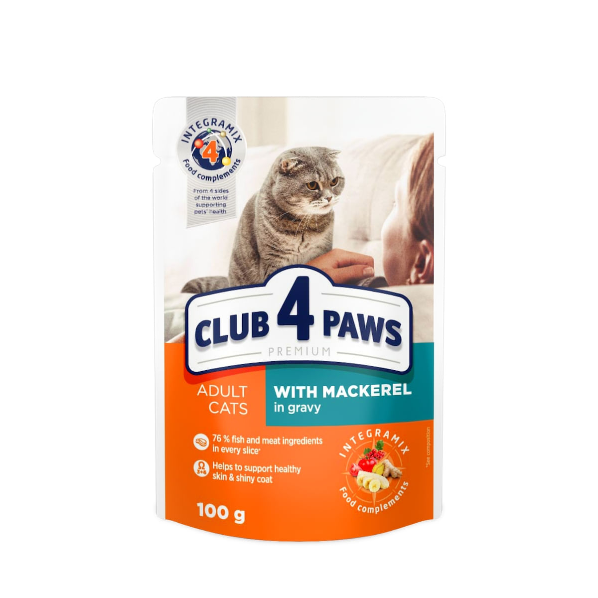 CLUB 4 PAWS Premium, Macrou, hrană umedă pisici, (în sos) CLUB 4 PAWS Premium, Macrou, plic hrană umedă pisici, (în sos), bax, 100g x 24buc