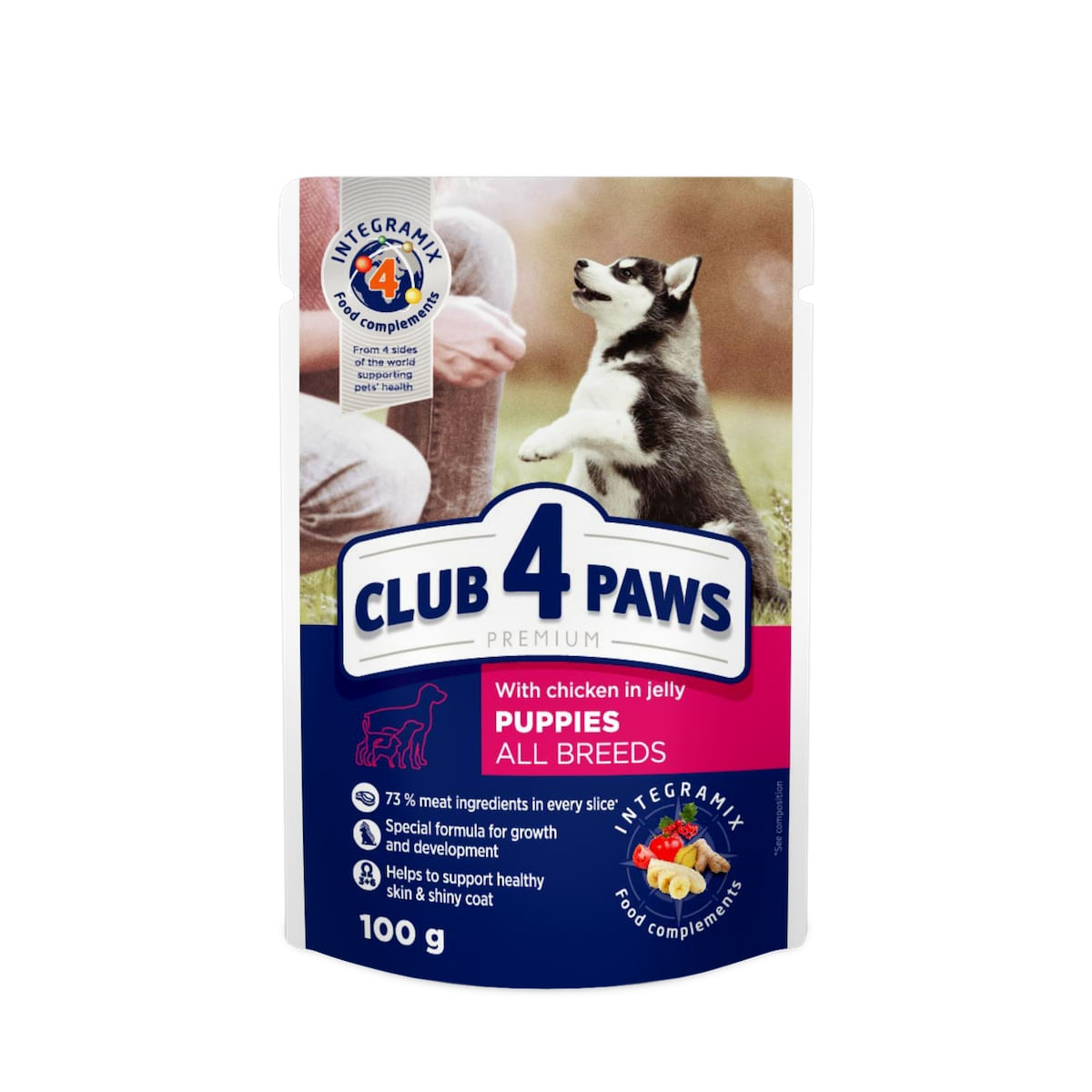 CLUB 4 PAWS Premium Puppy, Pui, hrană umedă câini junior, (în aspic) CLUB 4 PAWS Premium Junior, XS-XL, Pui, plic hrană umedă câini junior, (în aspic), 100g - 1 | YEO