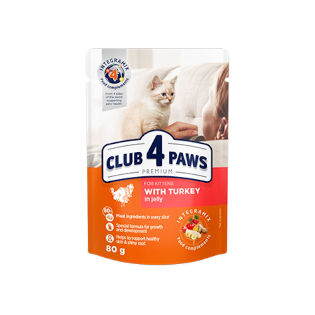 CLUB 4 PAWS Premium Kitten, Curcan, hrană umedă pisici junior, (în aspic), bax, 80g x 24buc - 1 | YEO