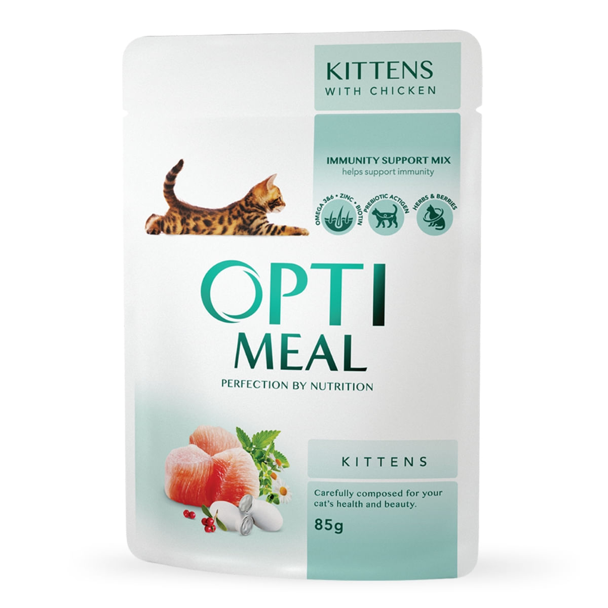OPTIMEAL Kitten, Pui, hrană umedă pisici junior, (în sos) OPTIMEAL Kitten, Pui, plic hrană umedă pisici junior, (în sos), 85g - 1 | YEO