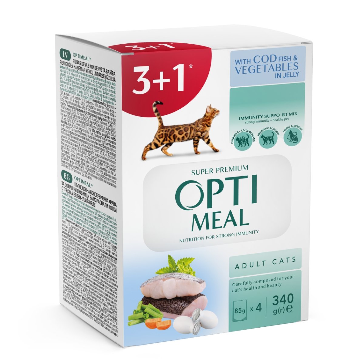 OPTIMEAL, Cod cu Legume, hrană umedă pisici, (în aspic) OPTIMEAL, Cod și Legume, plic hrană umedă pisici, (în aspic), bax, 85g x 4buc