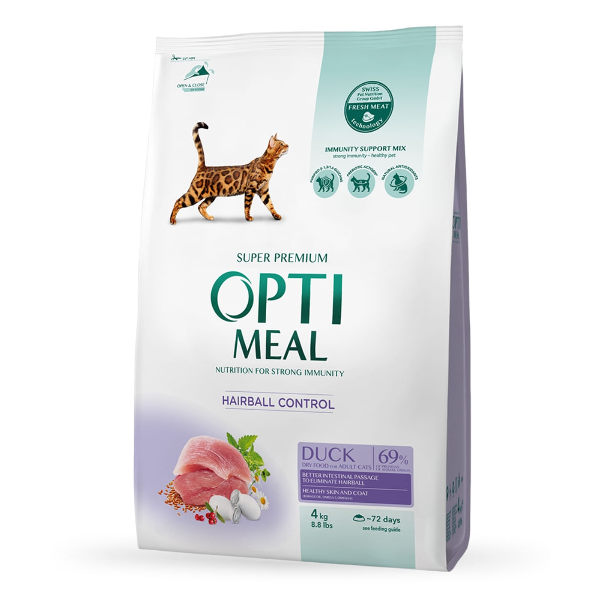 OPTIMEAL Hairball Control, Rață, hrană uscată pisici, limitarea ghemurilor de blană, 4kg - 1 | YEO