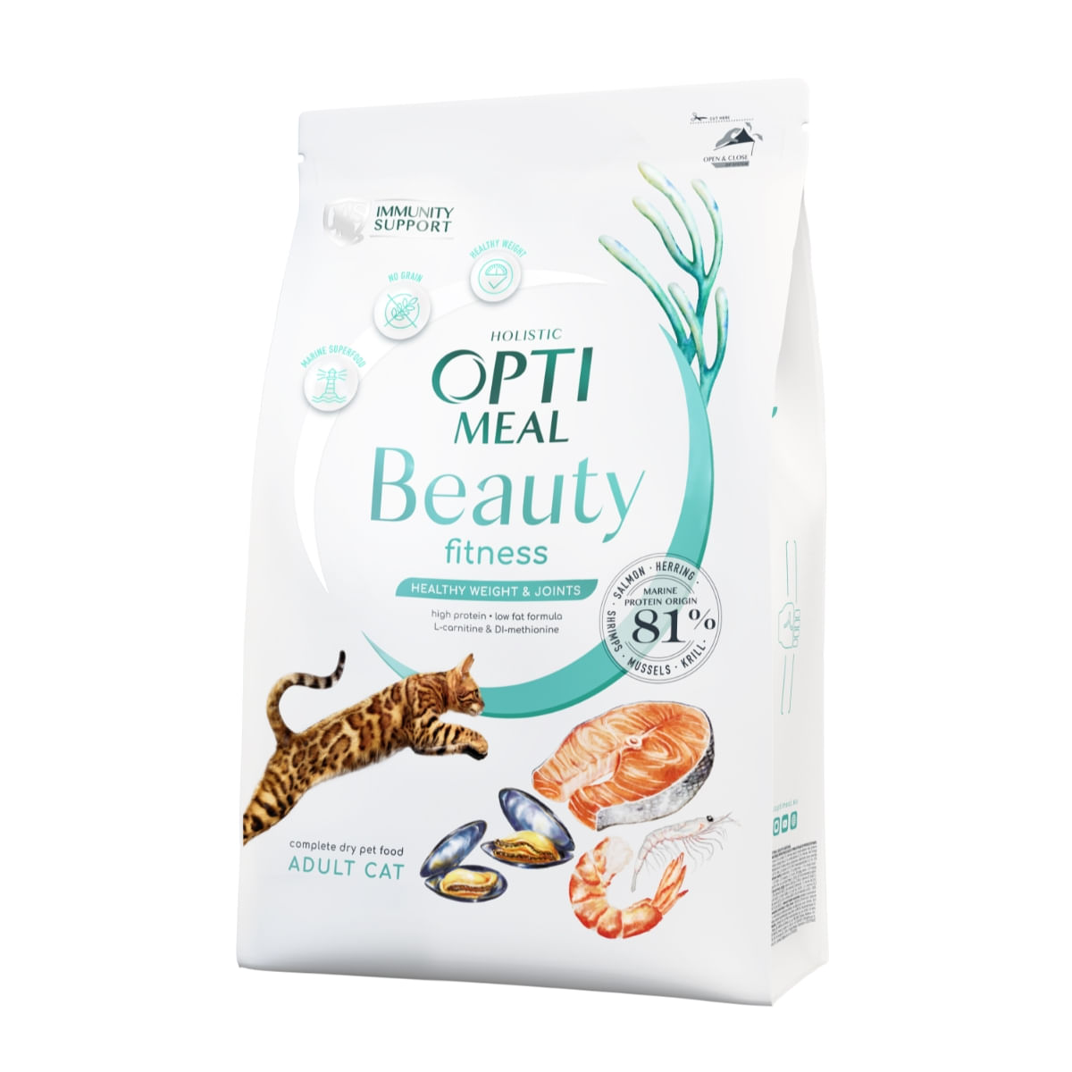 OPTIMEAL Beauty Fitness, Fructe de mare, hrană uscată fără cereale pisici, managementul greutății OPTIMEAL Beauty Fitness, Fructe de Mare, hrană uscată fără cereale pisici sterilizate, obezitate, 1.5kg