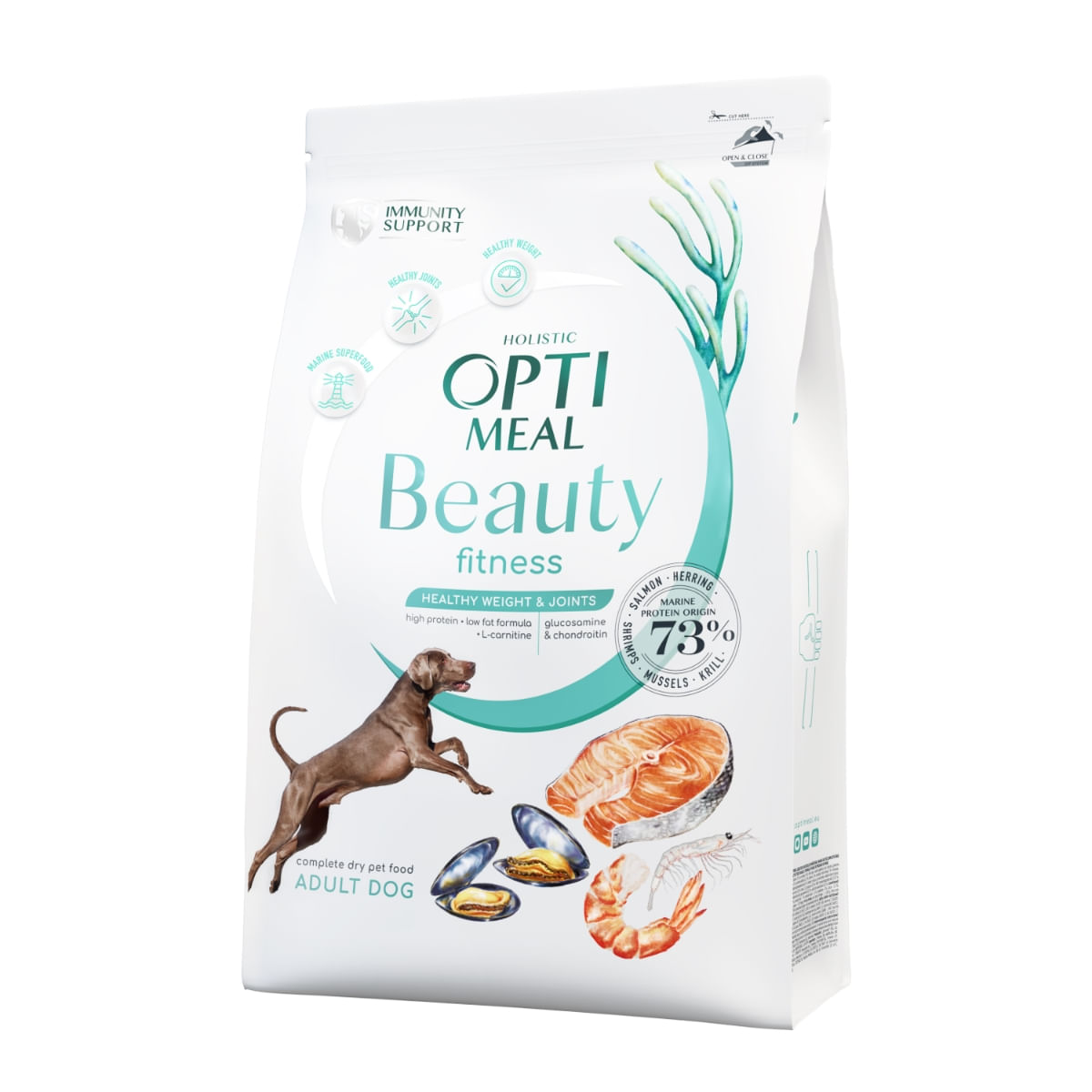 OPTIMEAL Beauty Fitness, Fructe de mare, hrană uscată fără cereale câini, managementul greutății OPTIMEAL Beauty Fitness, XS-XL, Fructe de Mare, hrană uscată fără cereale câini, obezitate, 4kg - 1 | YEO