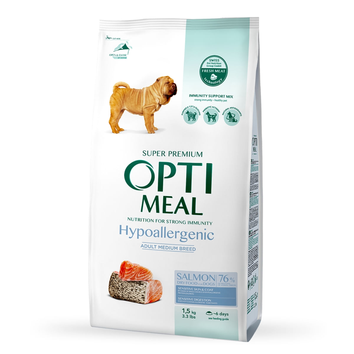 OPTIMEAL Hypoallergenic M, Somon, hrană uscată câini, sensibilități digestive, piele și blană OPTIMEAL Hypoallergenic, M, Somon, hrană uscată câini, sistem digestiv, piele & blană, 4kg - 1 | YEO