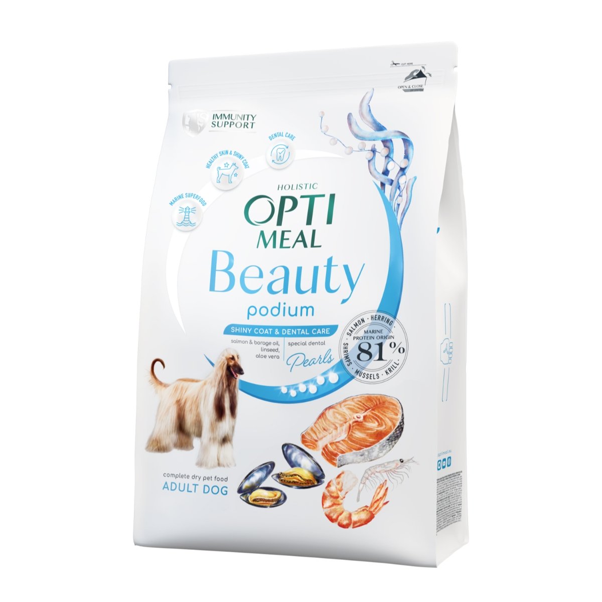 OPTIMEAL Beauty Podium, Fructe de mare, hrană uscată câini, piele și blană, sensibilităţi dentare OPTIMEAL Beauty Podium, XS-XL, Fructe de Mare, hrană uscată câini, piele & blană, sensibilități dentare, 4kg - 1 | YEO