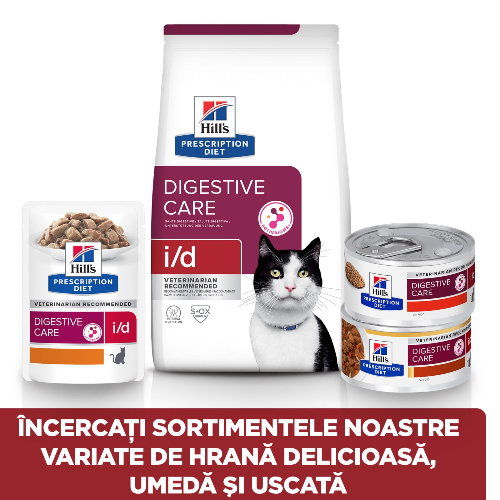 HILL&#039;S Prescription Diet i/d Sensitive Digestive Care, Pui cu Legume, dietă veterinară pisici, conservă hrană umedă, sistem digestiv, 82g