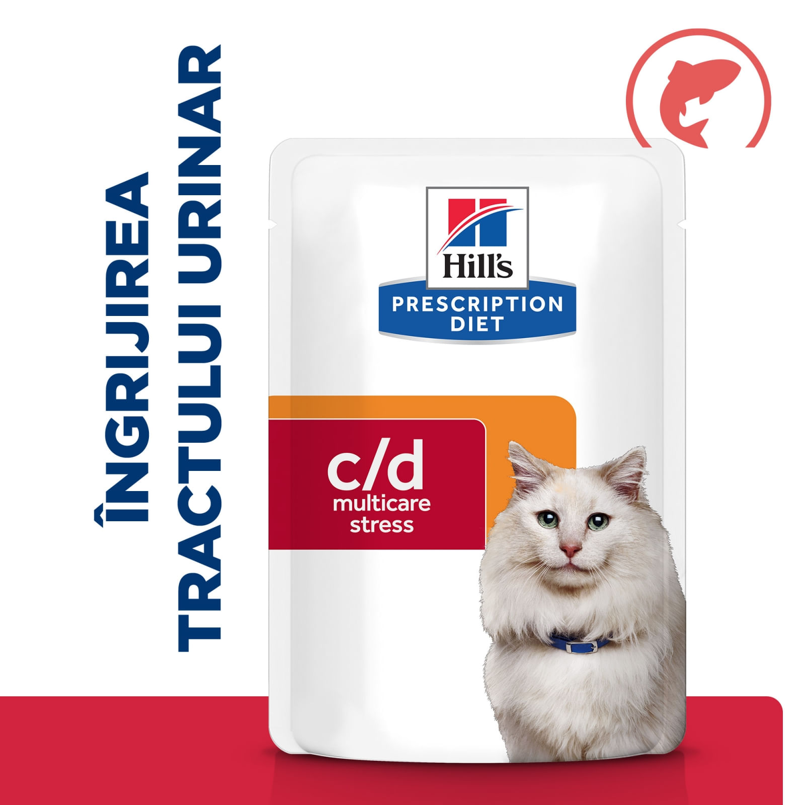 HILL&#039;S Prescription Diet c/d Multicare Stress, Somon, dietă veterinară, plic hrană umedă pisici, sistem urinar, (în sos), bax, 85g x 12buc