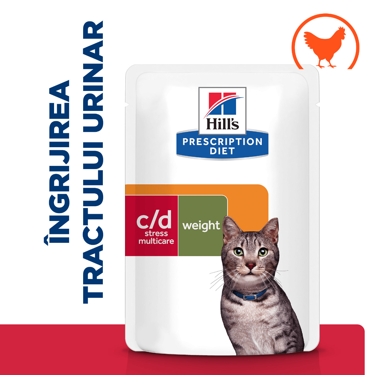 HILL&#039;S Prescription Diet c/d Stress + Metabolic, Pui, dietă veterinară pisici, plic hrană umedă, sistem urinar, metabolism, (în sos), bax, 85g x 12buc