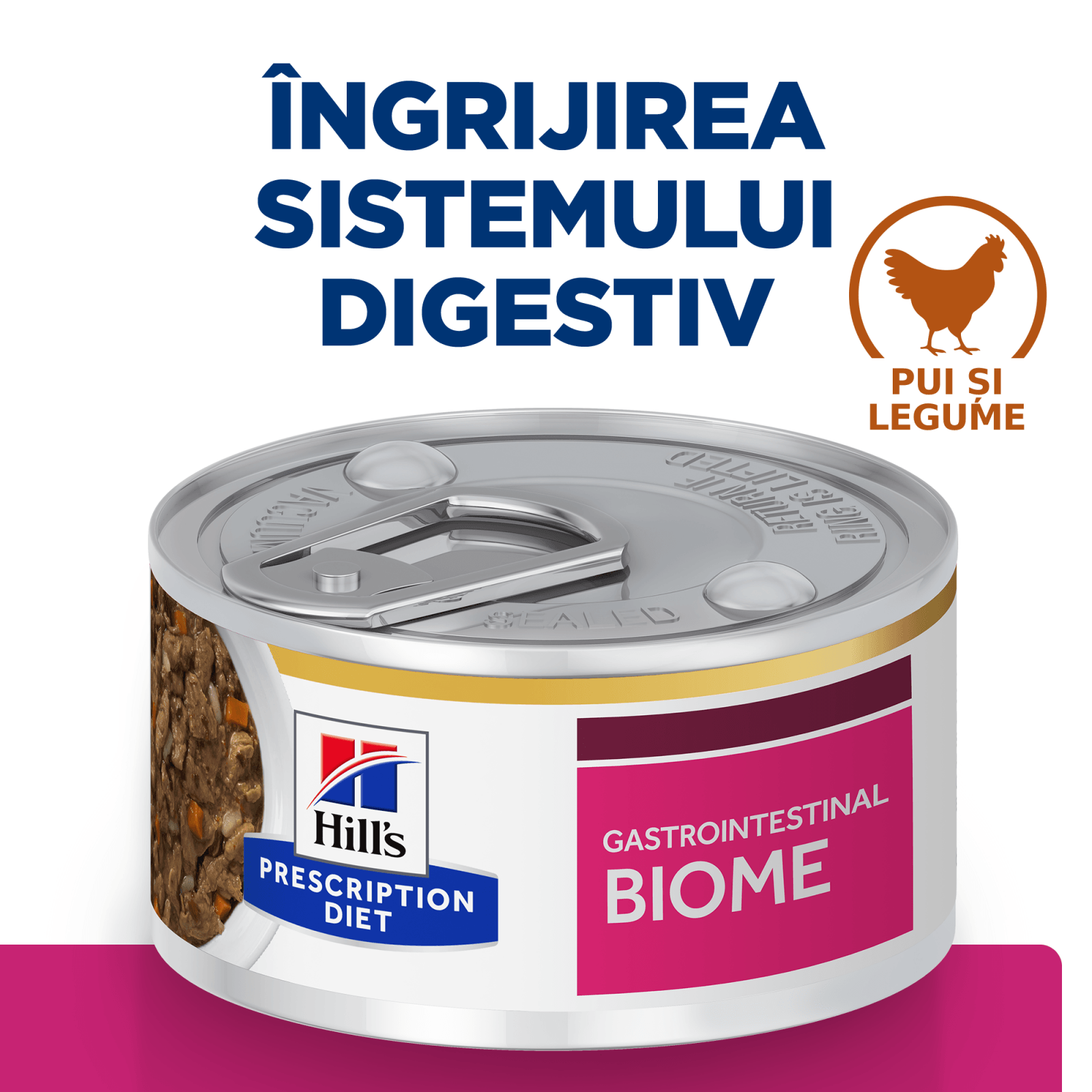 HILL&#039;S Prescription Diet Gastrointestinal Biome, Pui cu Legume, dietă veterinară pisici, conservă hrană umedă, sistem digestiv, 82g