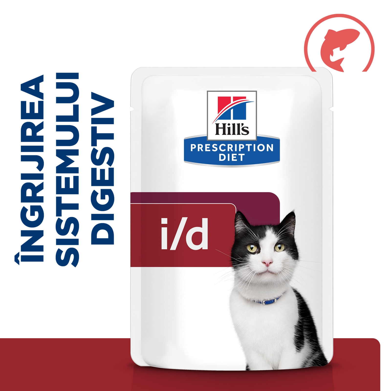 HILL&#039;S Prescription Diet i/d Sensitive Digestive Care, Somon, dietă veterinară pisici, plic hrană umedă, sistem digestiv, 85g x 12buc