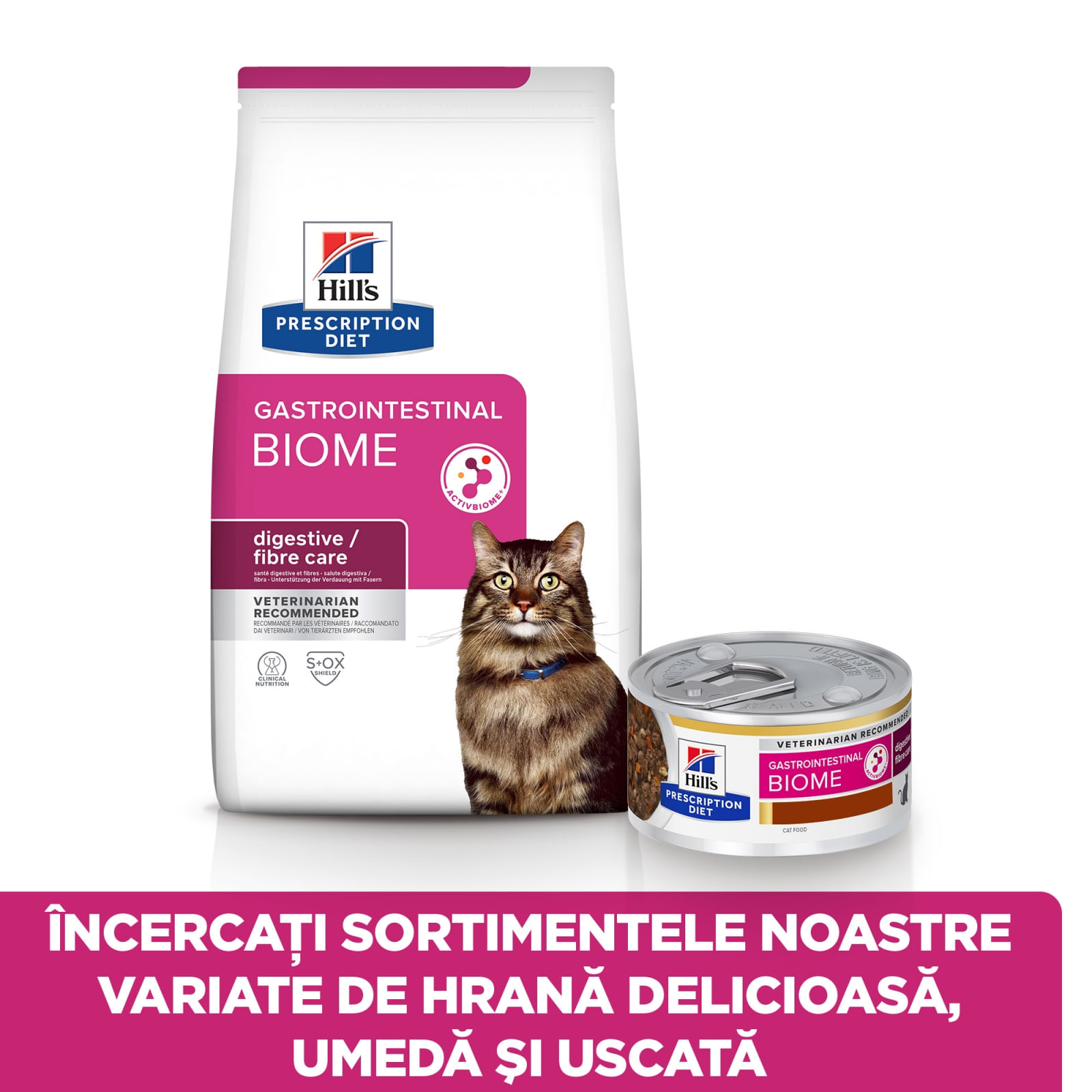HILL&#039;S Prescription Diet Gastrointestinal Biome, Pui cu Legume, dietă veterinară pisici, conservă hrană umedă, sistem digestiv, 82g