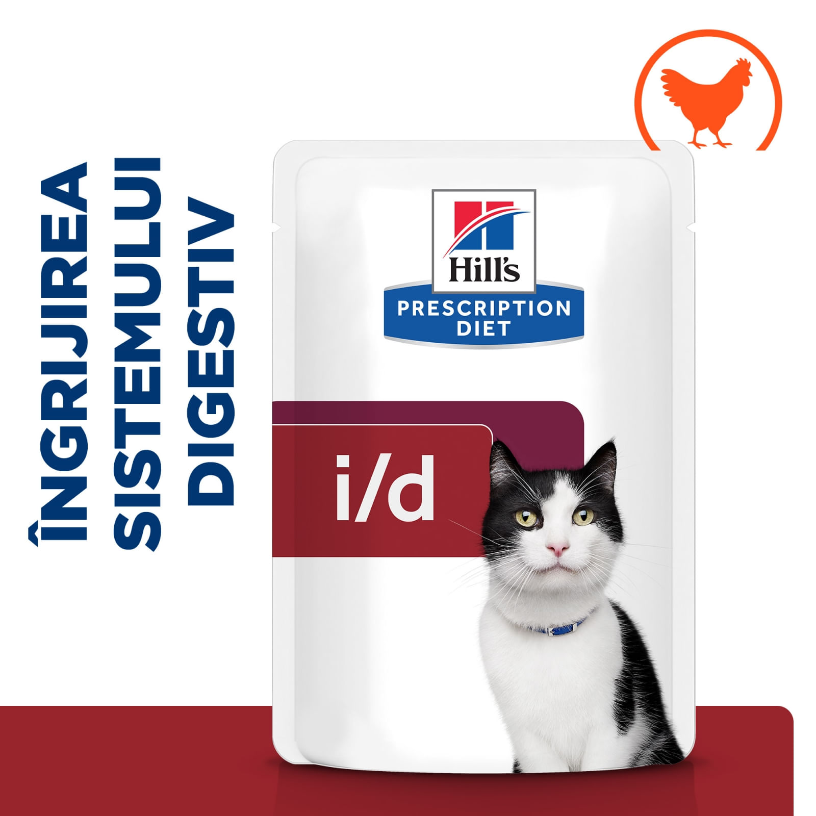 HILL&#039;S Prescription Diet i/d Sensitive Digestive Care, Pui, dietă veterinară pisici, plic hrană umedă, sistem digestiv, 85g x 12buc