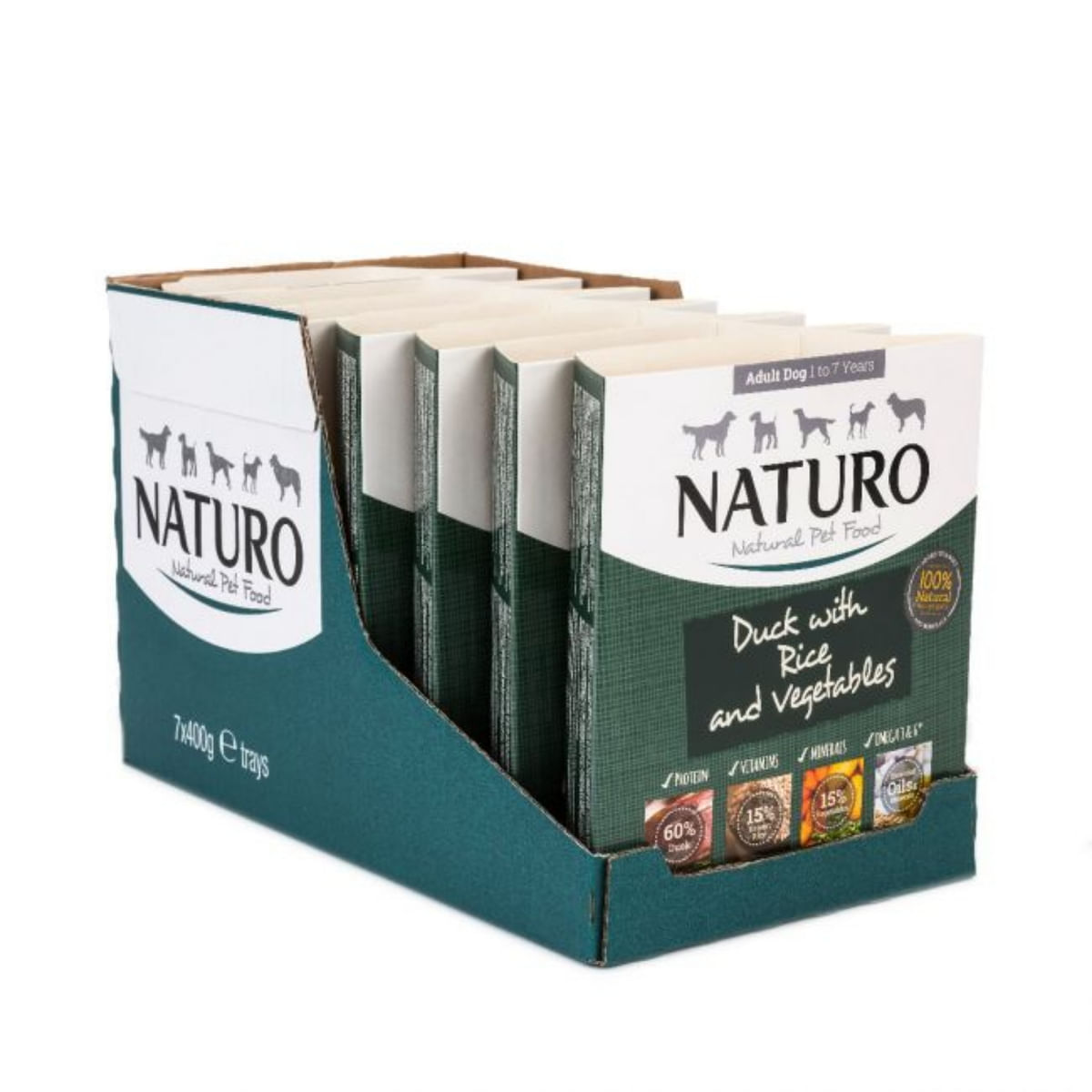 NATURO Low Grain, XS-L, Rață și Legume, tăviță hrană umedă conținut redus cereale câini, (în aspic), 400g - 1 | YEO