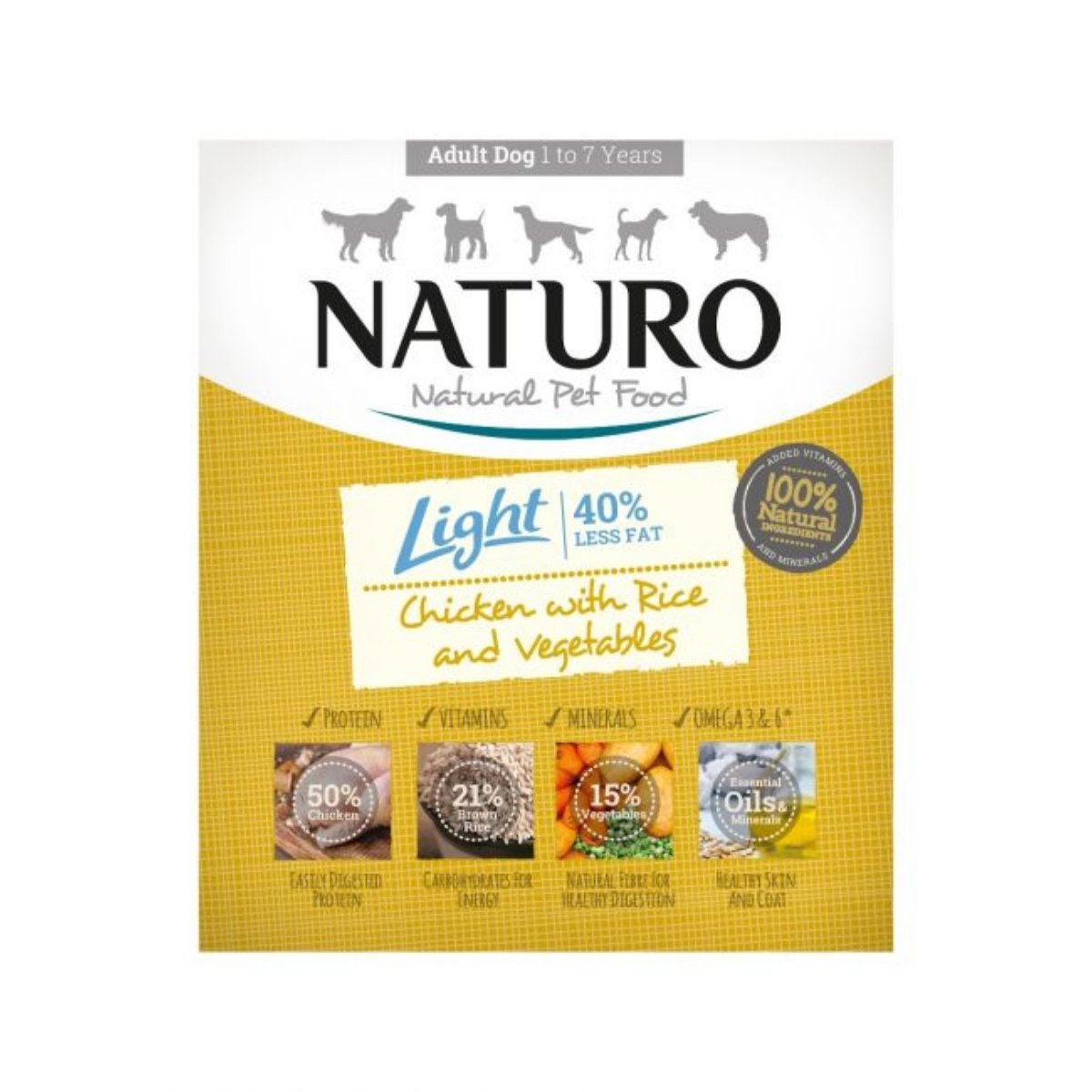 NATURO Low Grain Light, XS-L, Pui și Legume, tăviță hrană umedă conținut redus cereale câini, managementul greutății, (în aspic), 400g - 1 | YEO