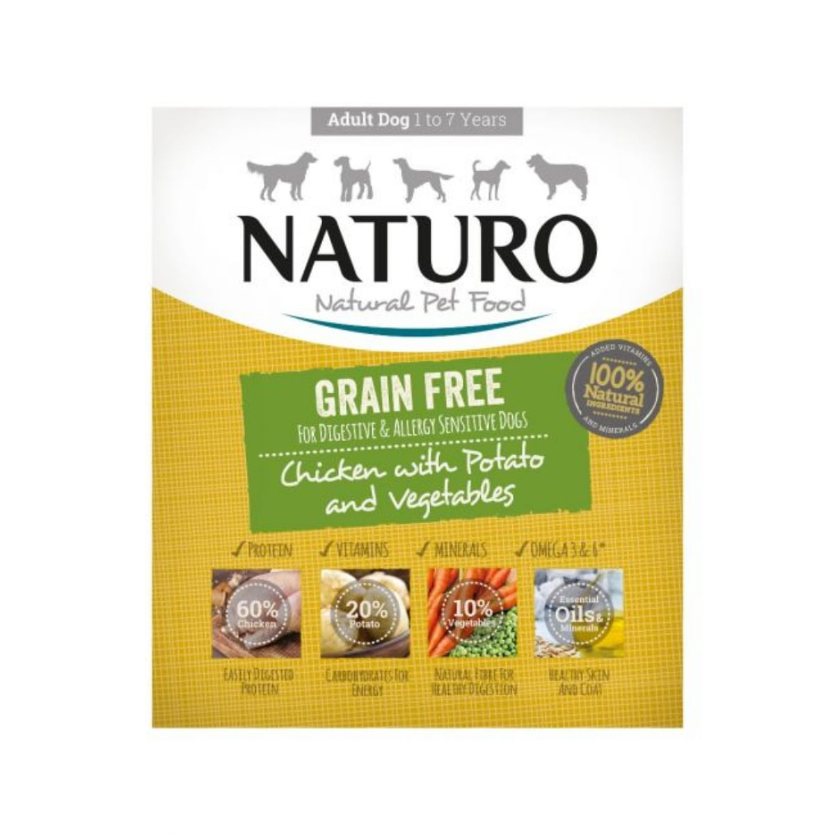 NATURO Grain Free, XS-L, Pui și Legume, tăviță hrană umedă fără cereale câini, (în aspic), 400g - 1 | YEO