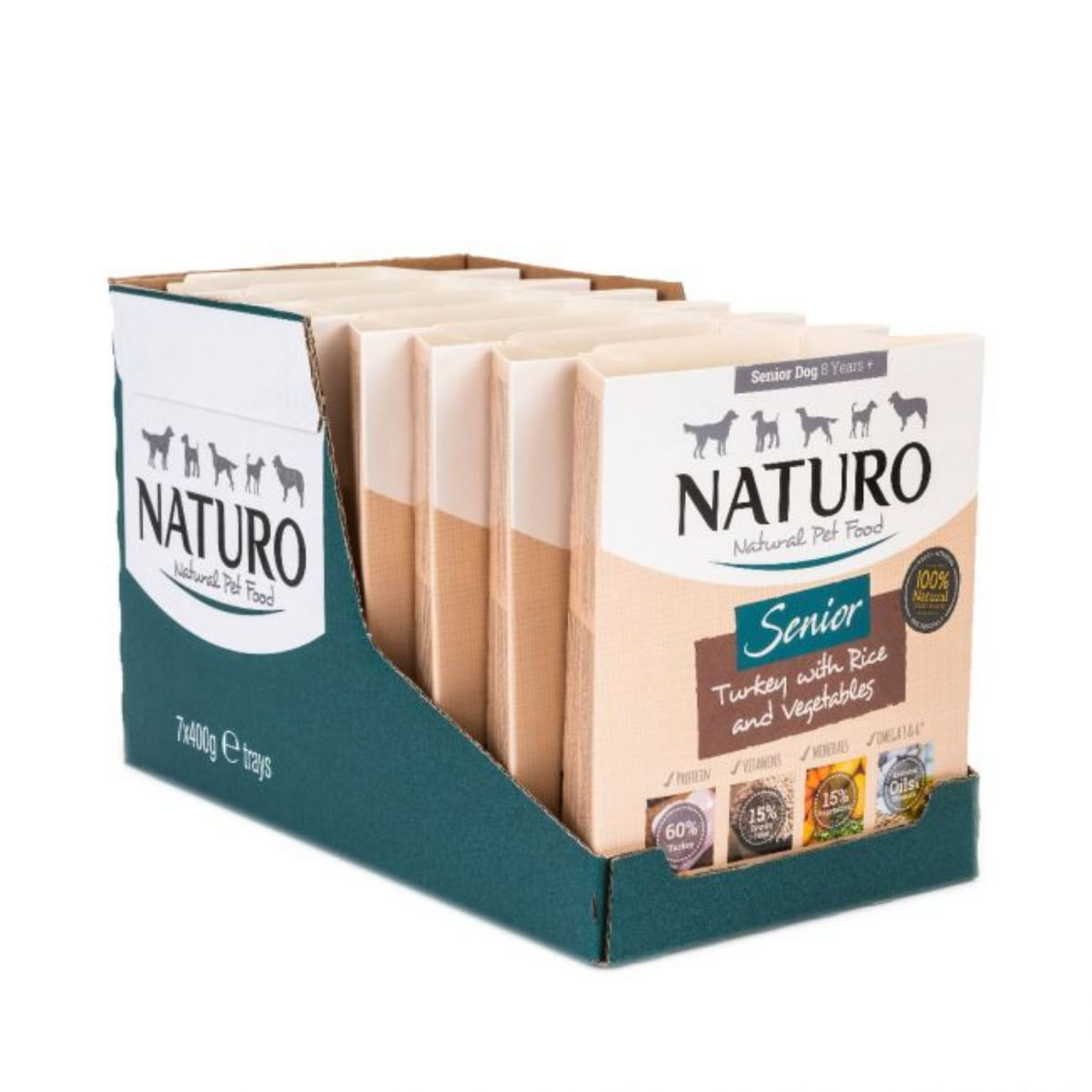 NATURO Low Grain Senior, XS-L, Curcan și Legume, tăviță hrană umedă conținut redus cereale câini senior, (în aspic), 400g - 1 | YEO