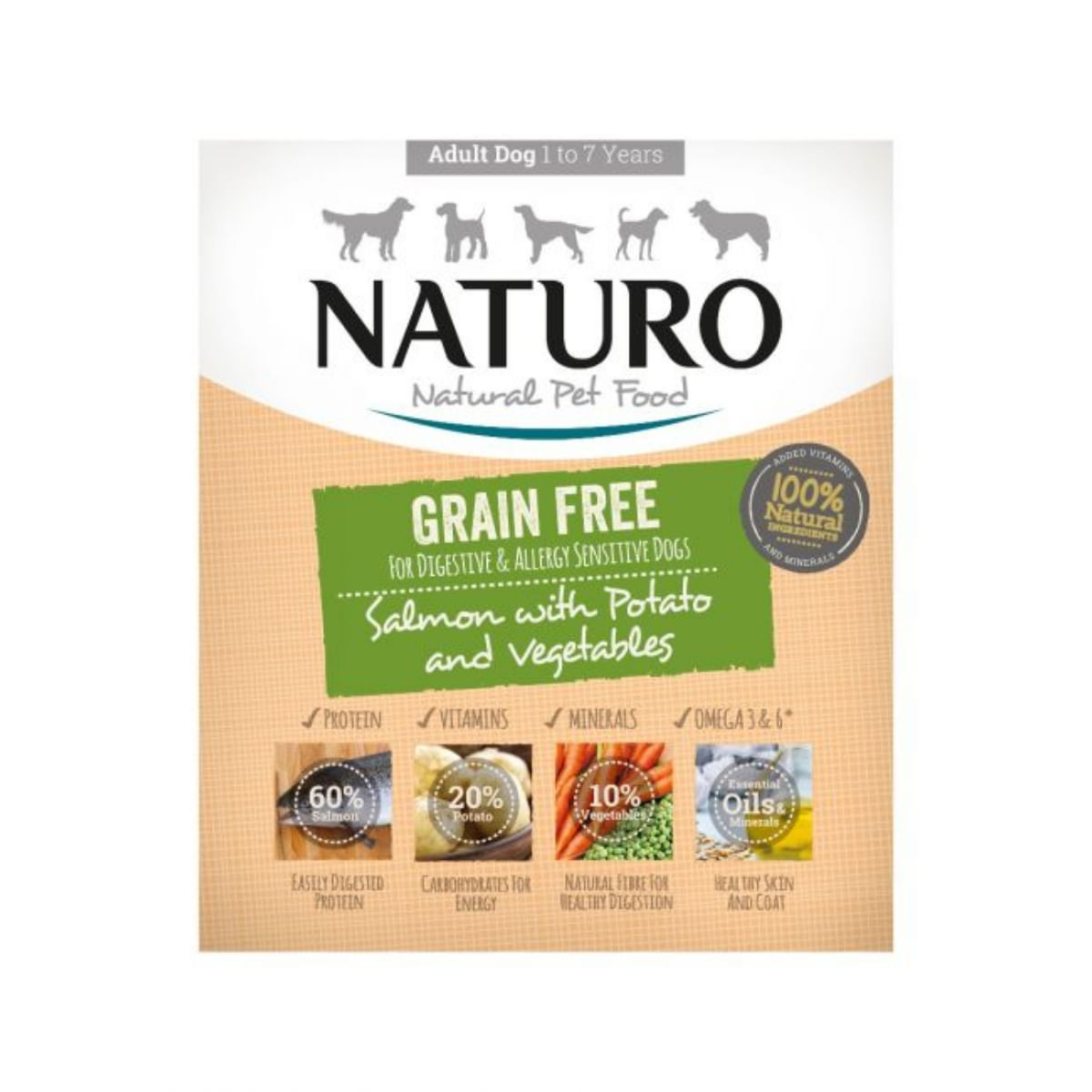 NATURO Grain Free, XS-L, Somon și Legume, tăviță hrană umedă monoproteică fără cereale câini, (în aspic), 400g - 1 | YEO