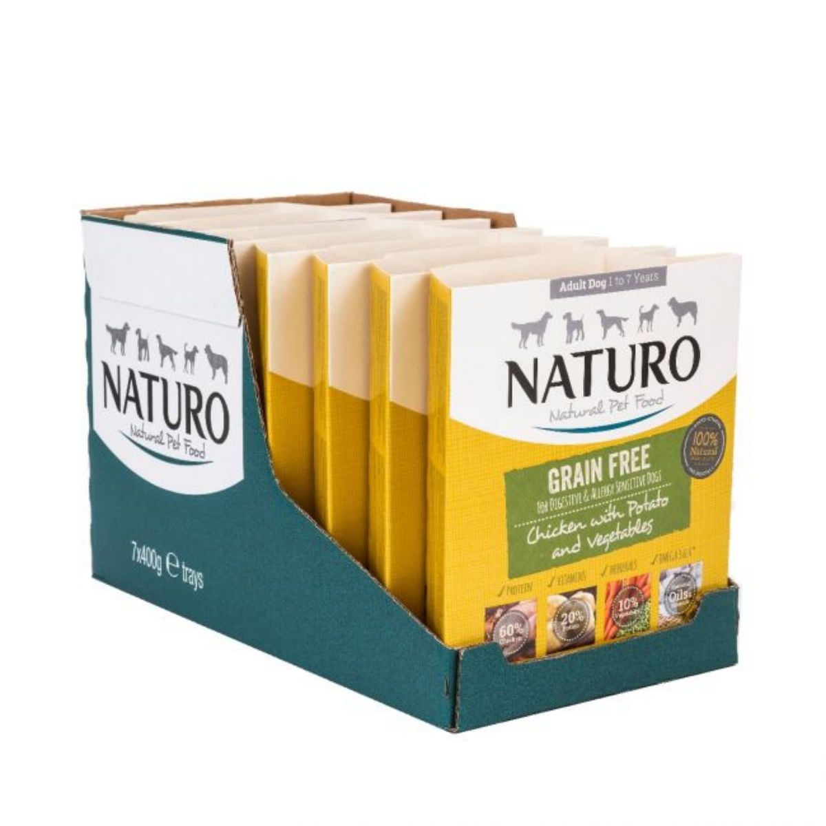 NATURO Grain Free, XS-L, Pui și Legume, tăviță hrană umedă fără cereale câini, (în aspic), 400g - 2 | YEO