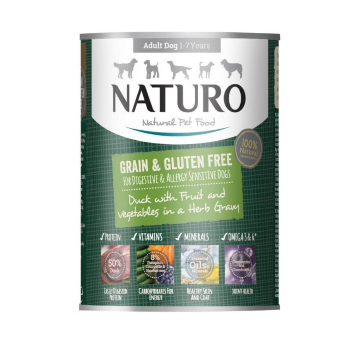 NATURO Grain Free, XS-L, Rață și Legume, conservă hrană umedă fără cereale câini, (în sos), 390g - 1 | YEO