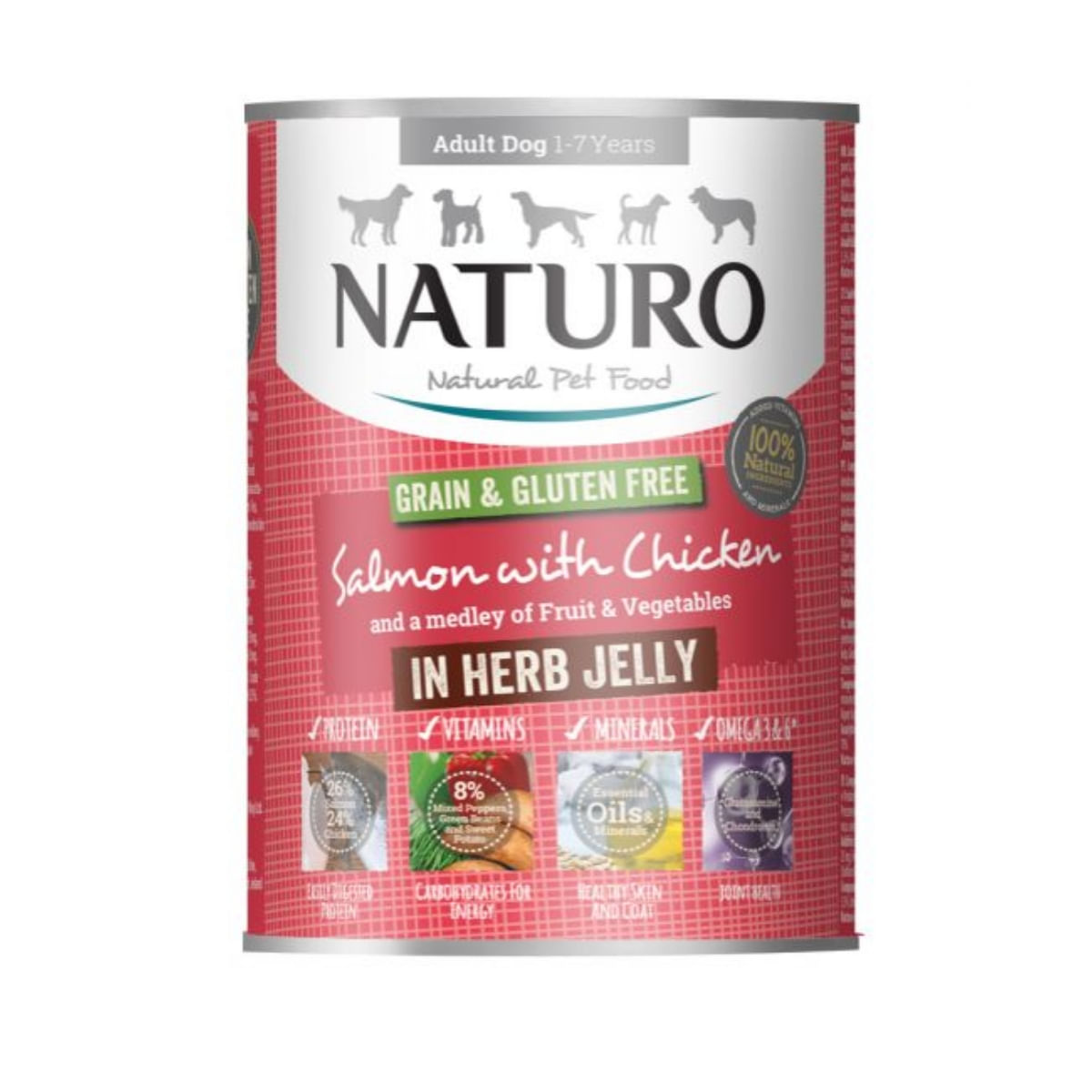 NATURO Grain Free, XS-L, Somon și Pui, conservă hrană umedă fără cereale câini, (în aspic), 390g - 1 | YEO