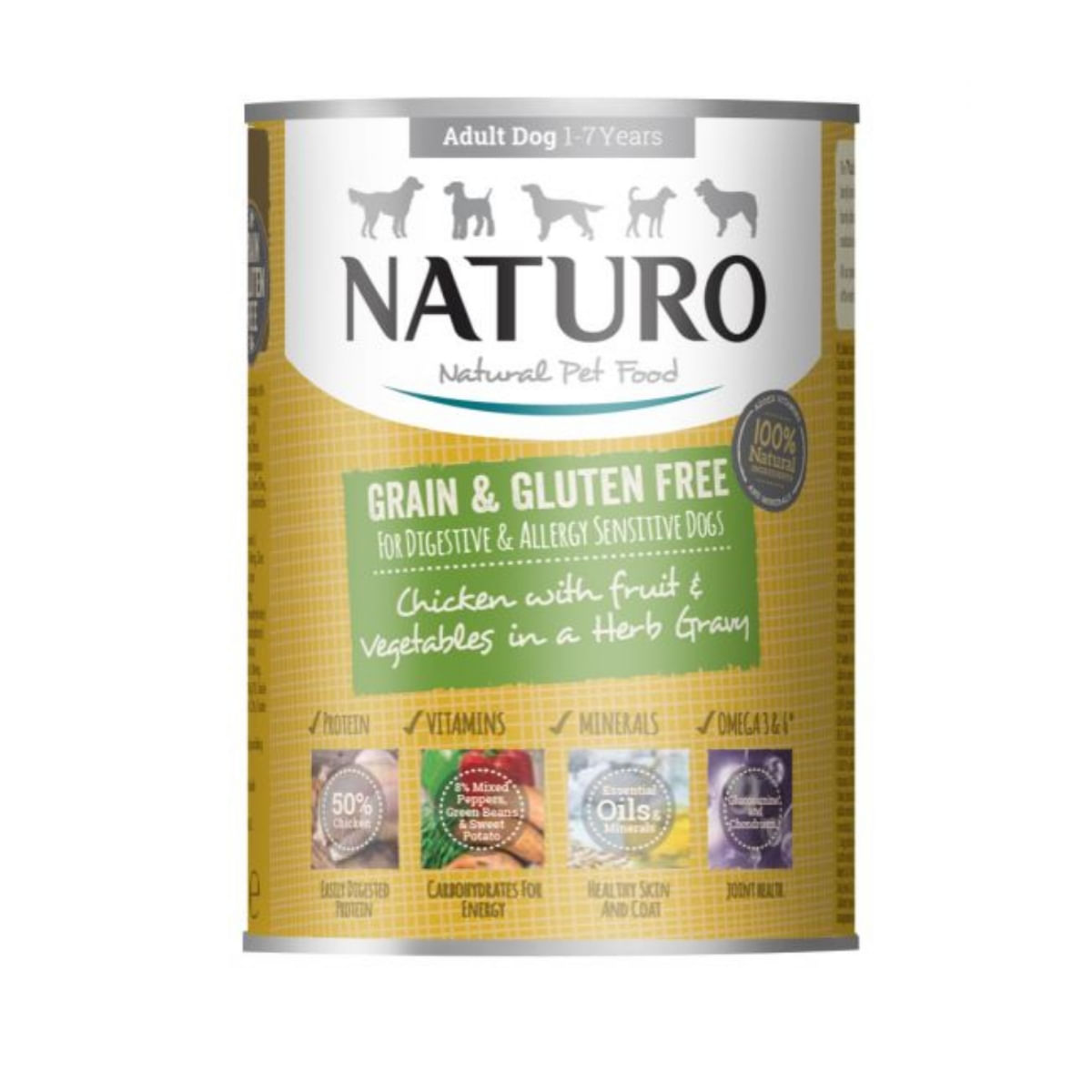 NATURO Grain Free, XS-L, Pui și Legume, conservă hrană umedă fără cereale câini, (în sos), 390g - 1 | YEO