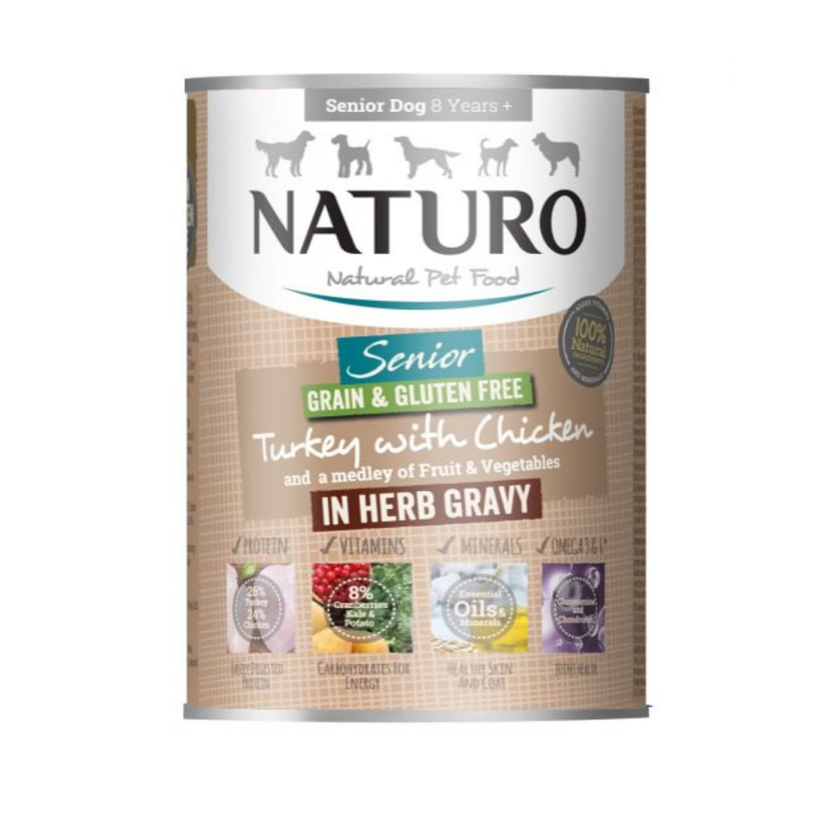 NATURO Grain Free, XS-L, Curcan și Pui, conservă hrană umedă fără cereale câini, (în sos), 390g - 1 | YEO