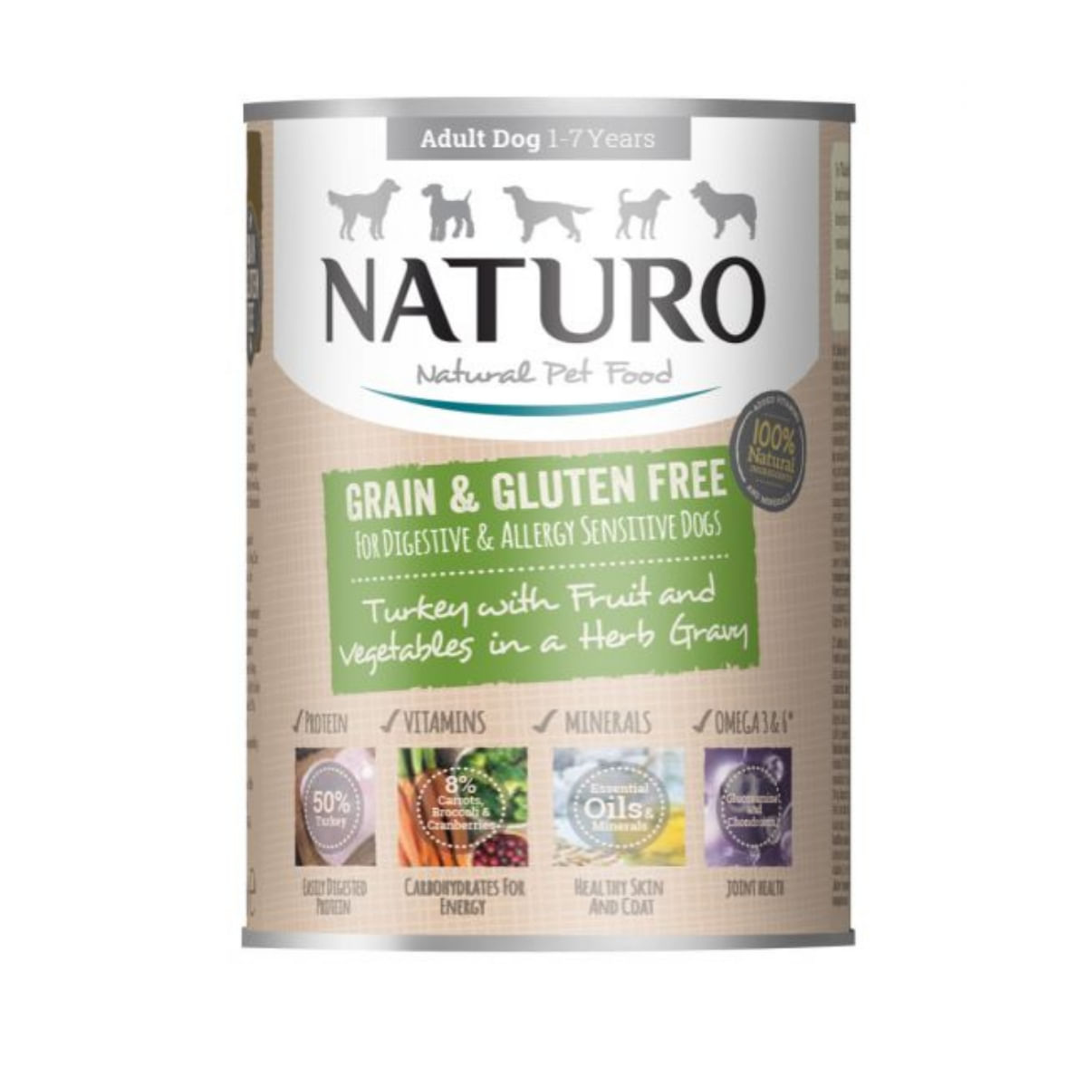 NATURO Grain Free, XS-L, Curcan și Legume, conservă hrană umedă fără cereale câini, (în sos), 390g - 1 | YEO